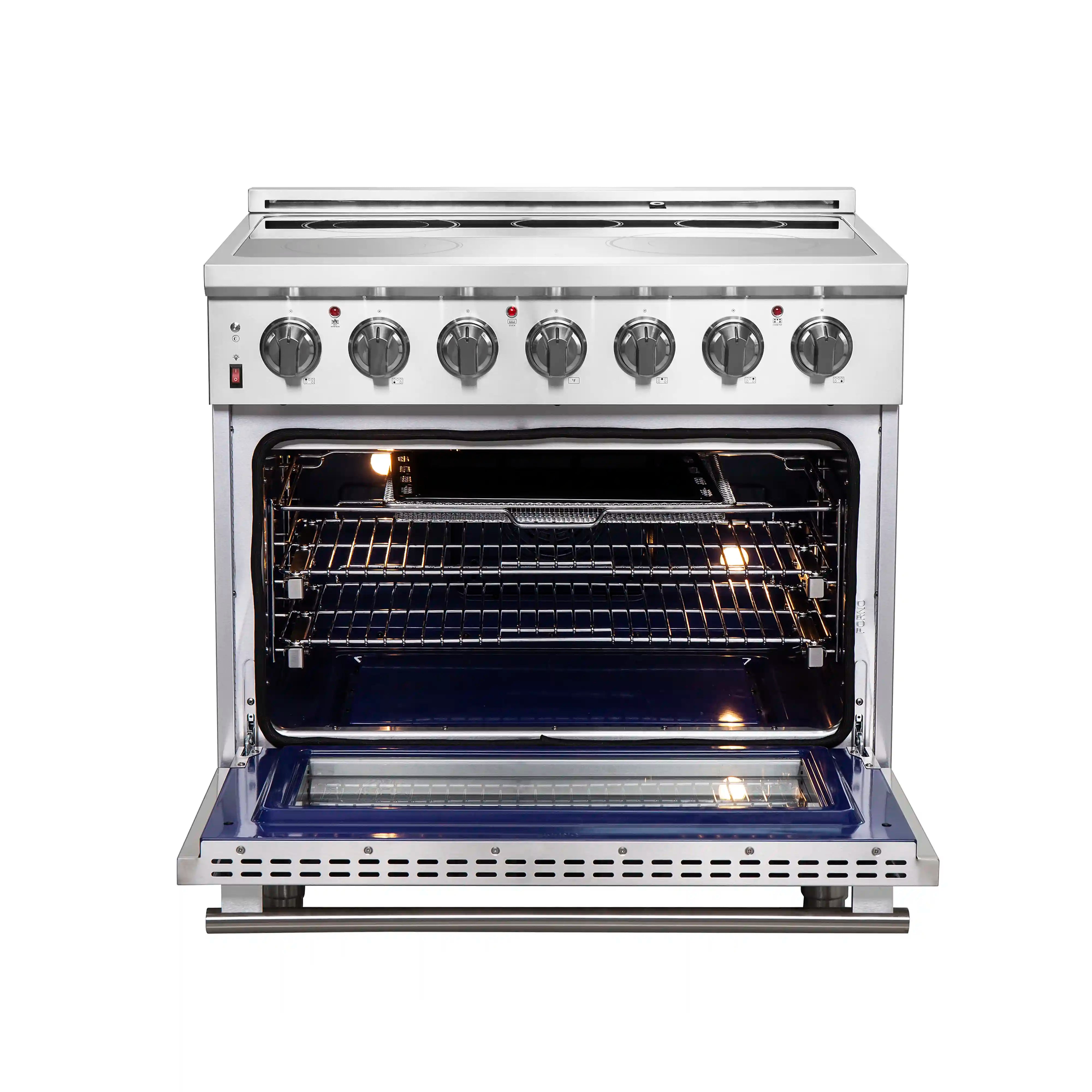 Stainless steel electric range with oven door open and interior racks with heating elements