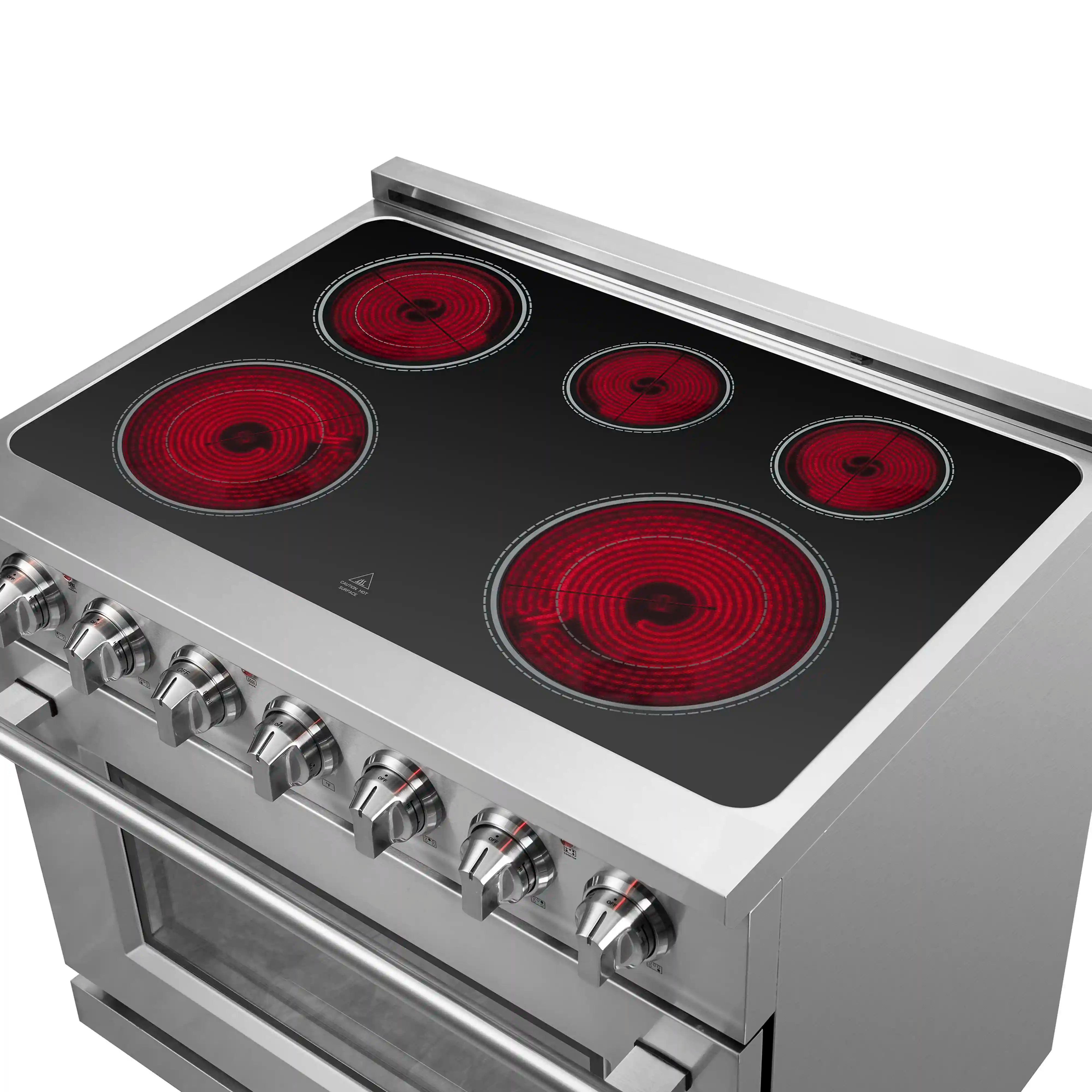Stainless steel electric cooktop close-up with five red coil burner elements