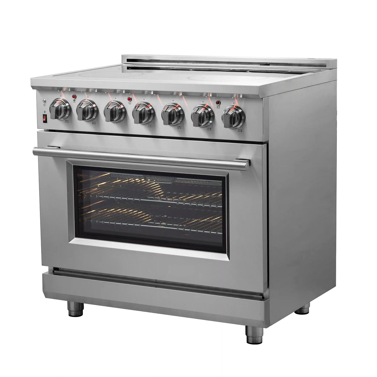 Stainless steel electric range angled view with lit oven interior window