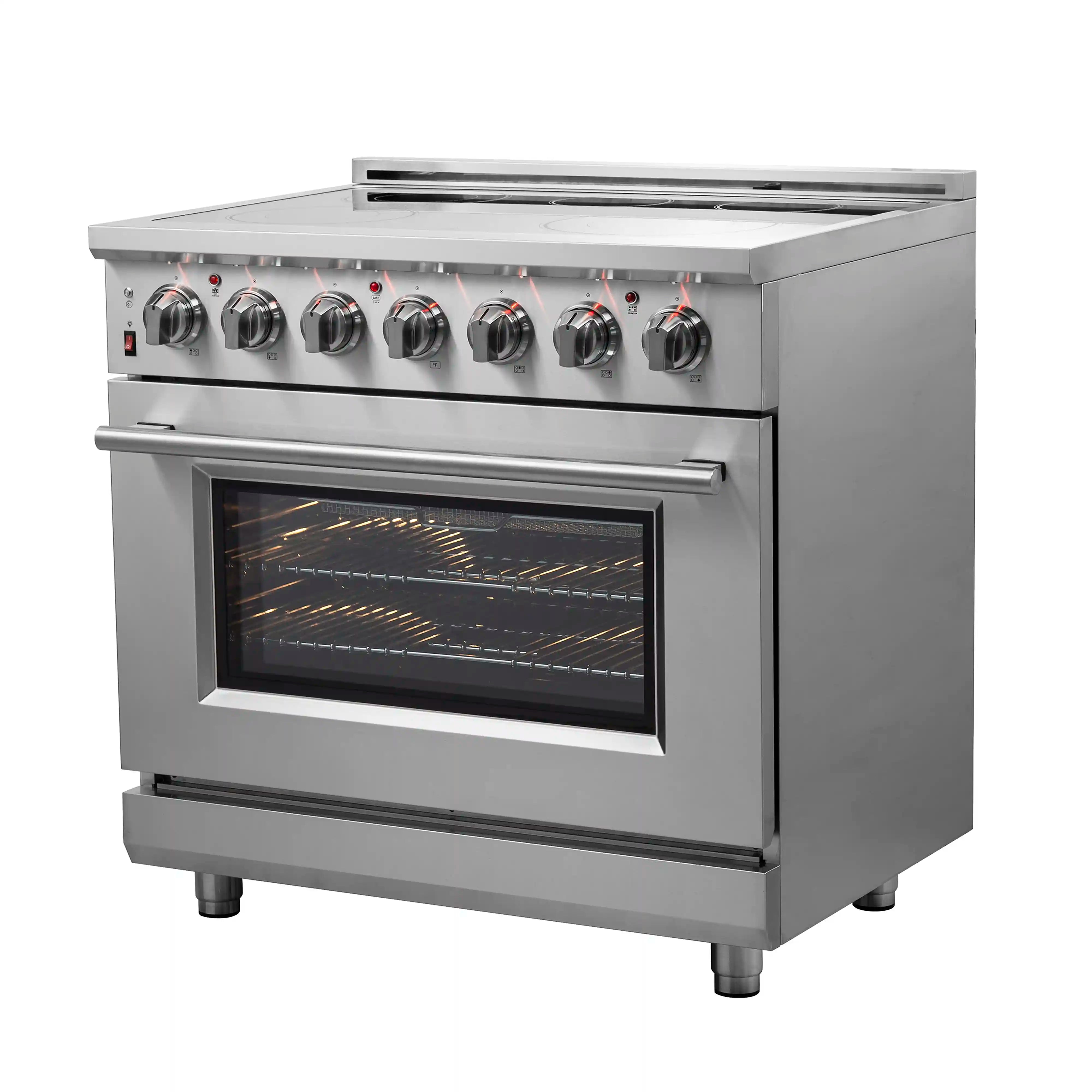 Stainless steel electric range front view with knob panel and lit oven window