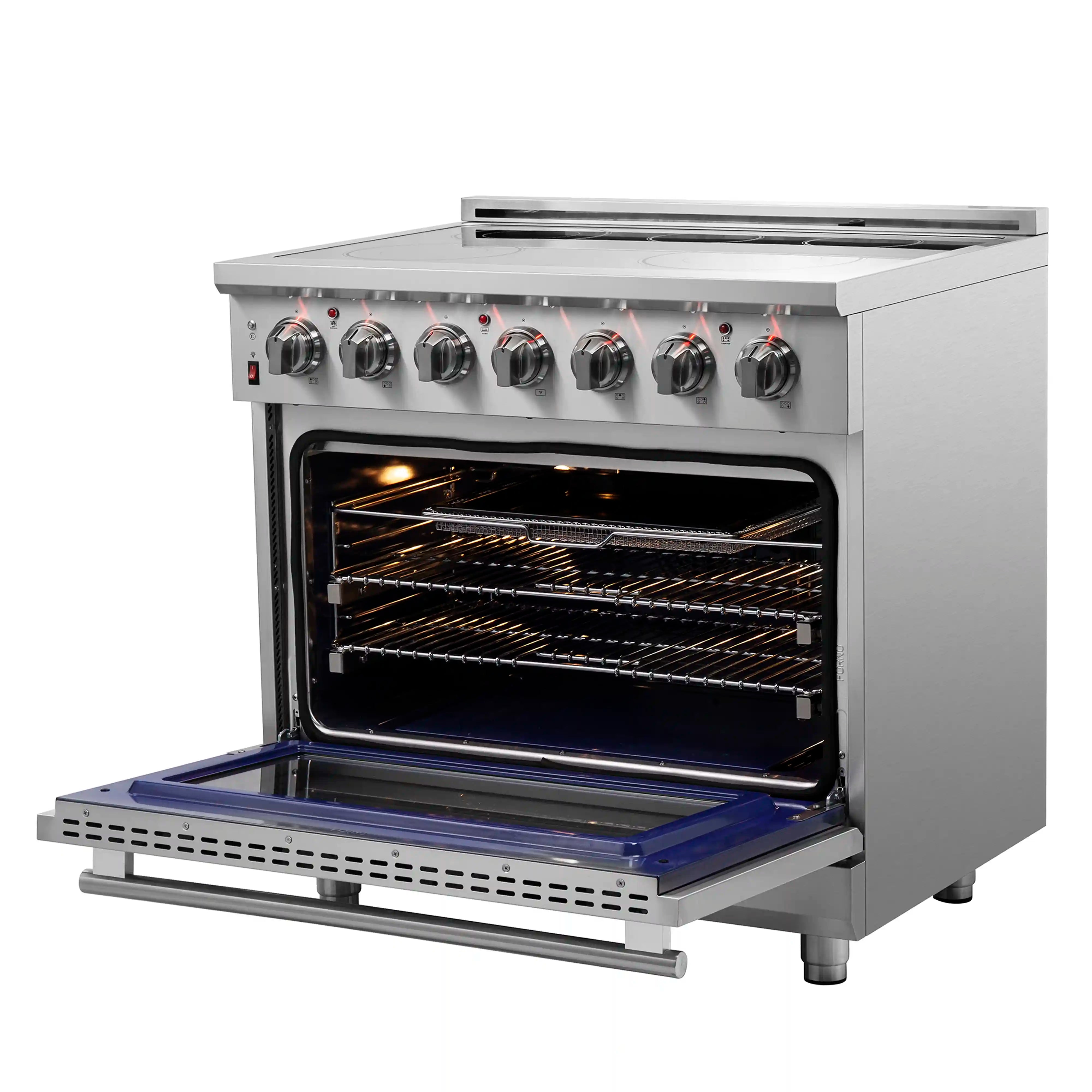 Stainless steel electric range with oven door open and interior racks in place
