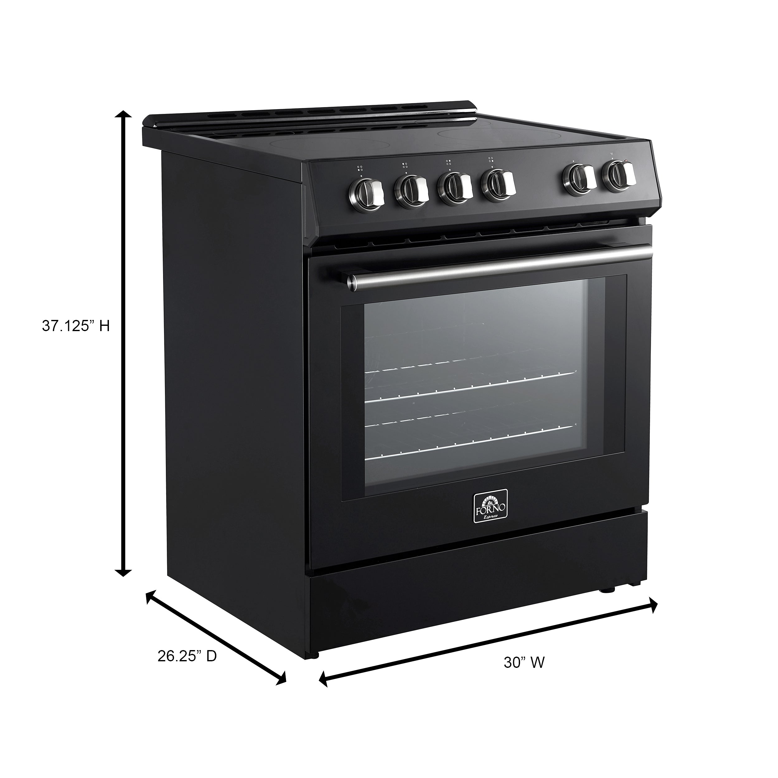 Black 30-inch induction range with glass window and brass control knobs