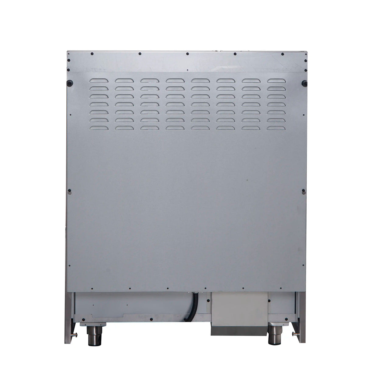 Underside panel of stainless steel electric range with vented grille and legs