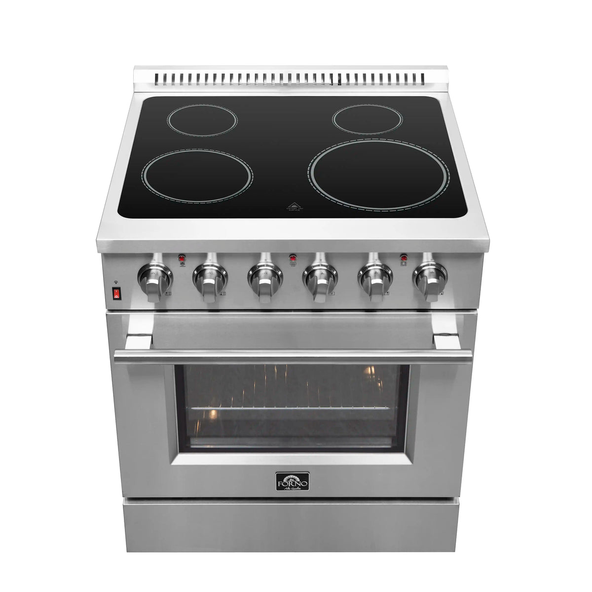 Stainless steel electric range with black glass cooktop and four coil burners
