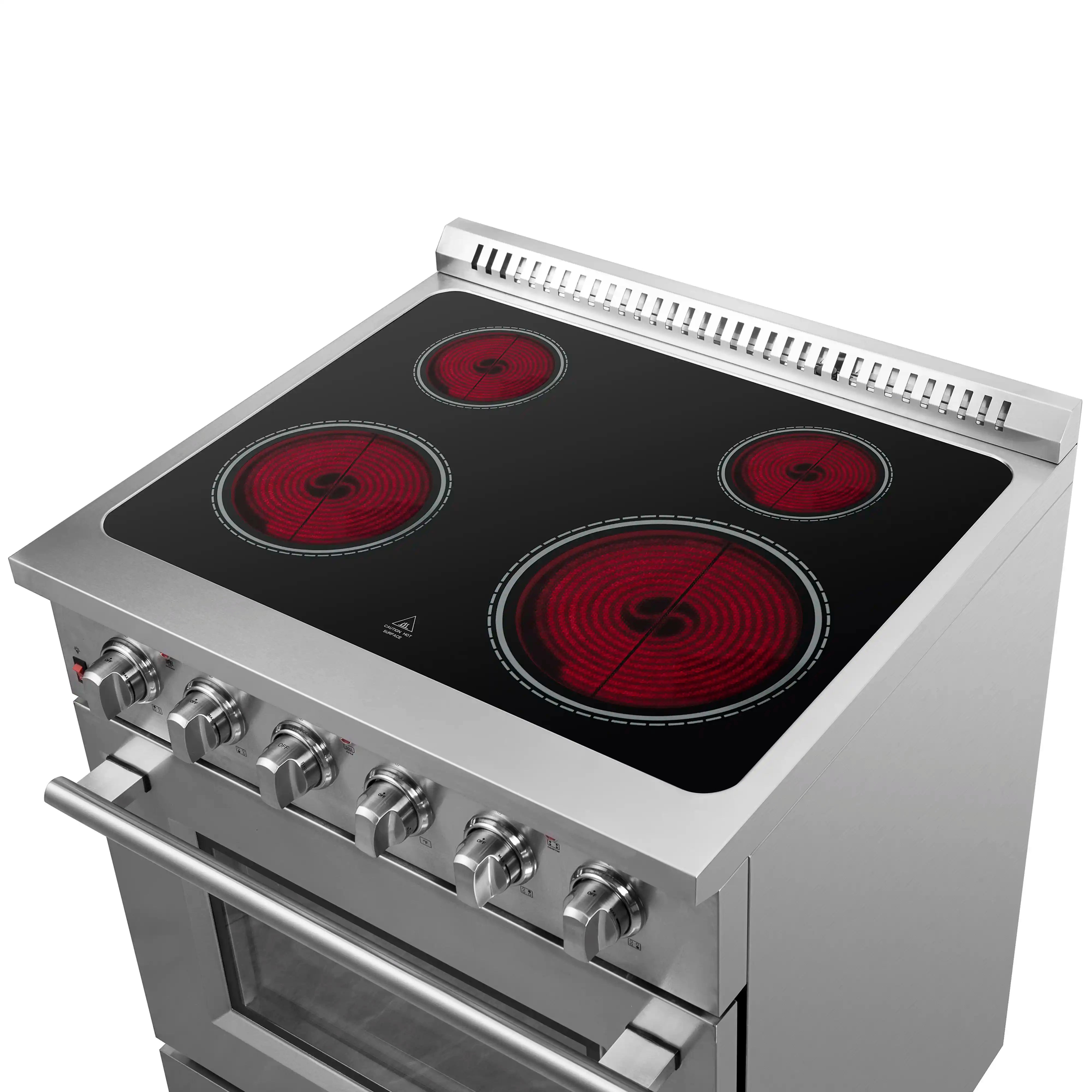 Stainless steel electric cooktop with four red coil burners and control knobs