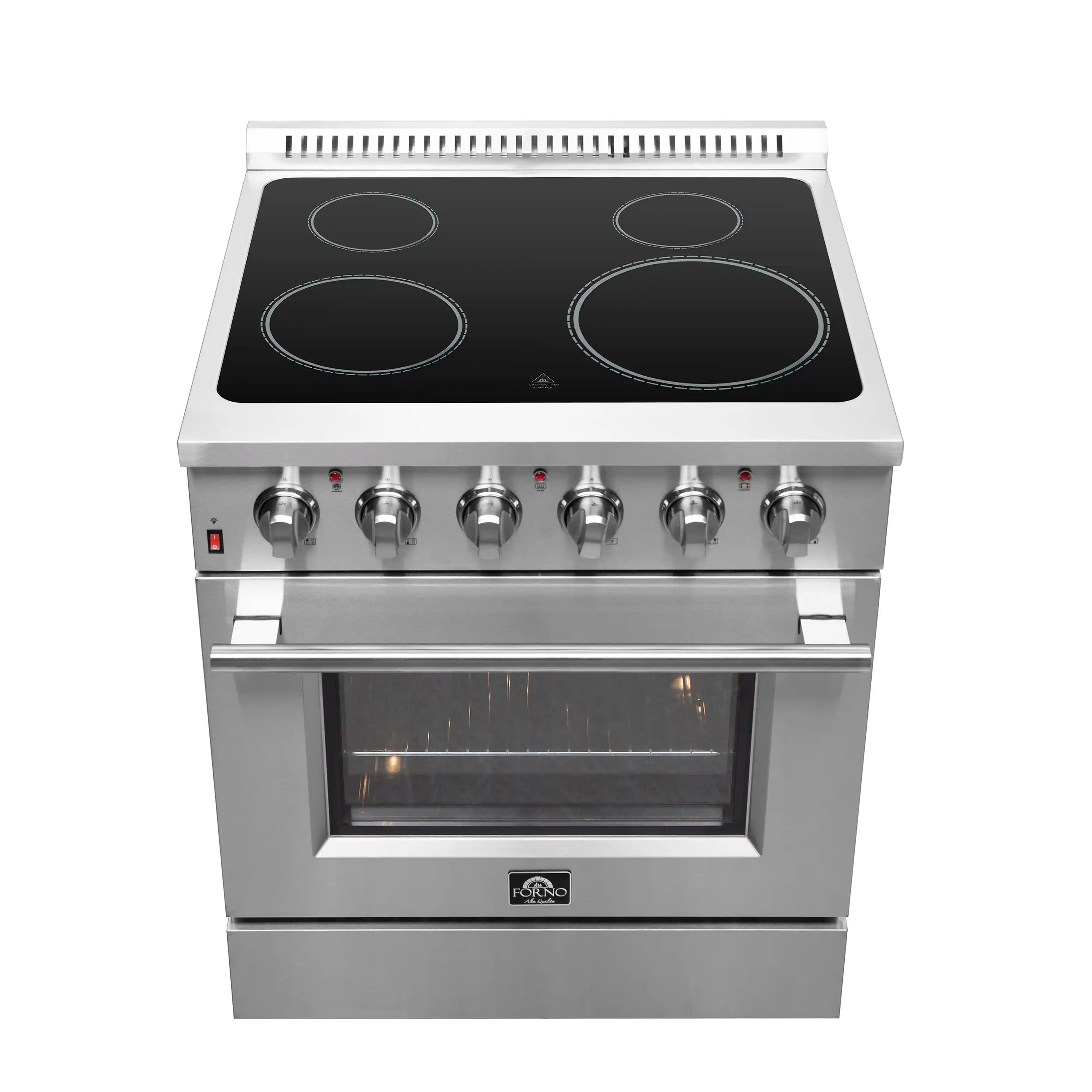 Stainless steel electric range with black glass cooktop and four round electric burners