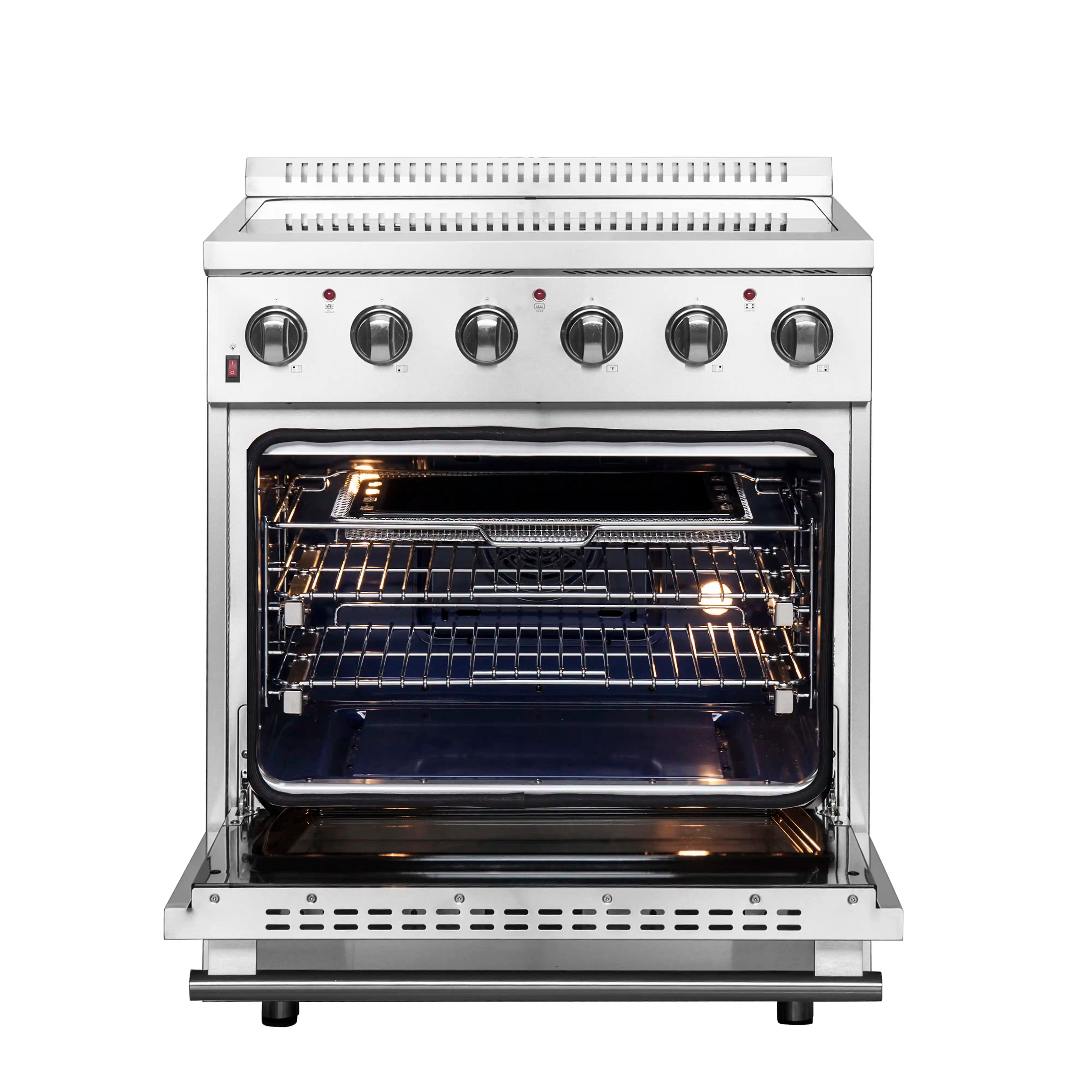 Stainless steel electric range with convection oven, open door, and illuminated oven interior