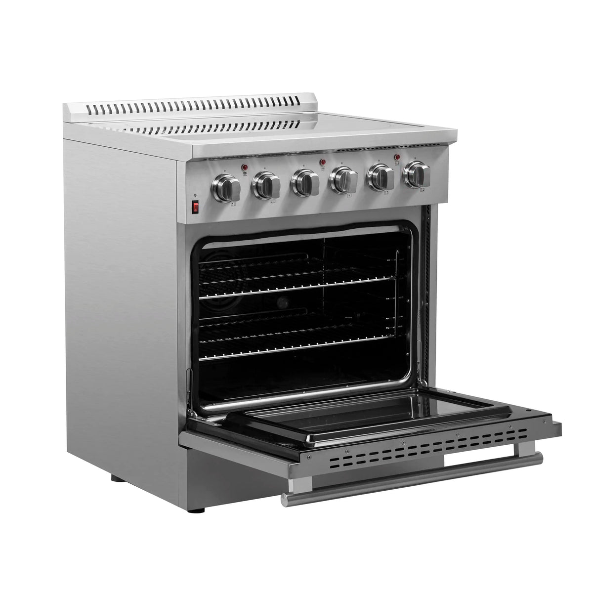 Stainless steel electric range with convection oven open, showing racks and interior light