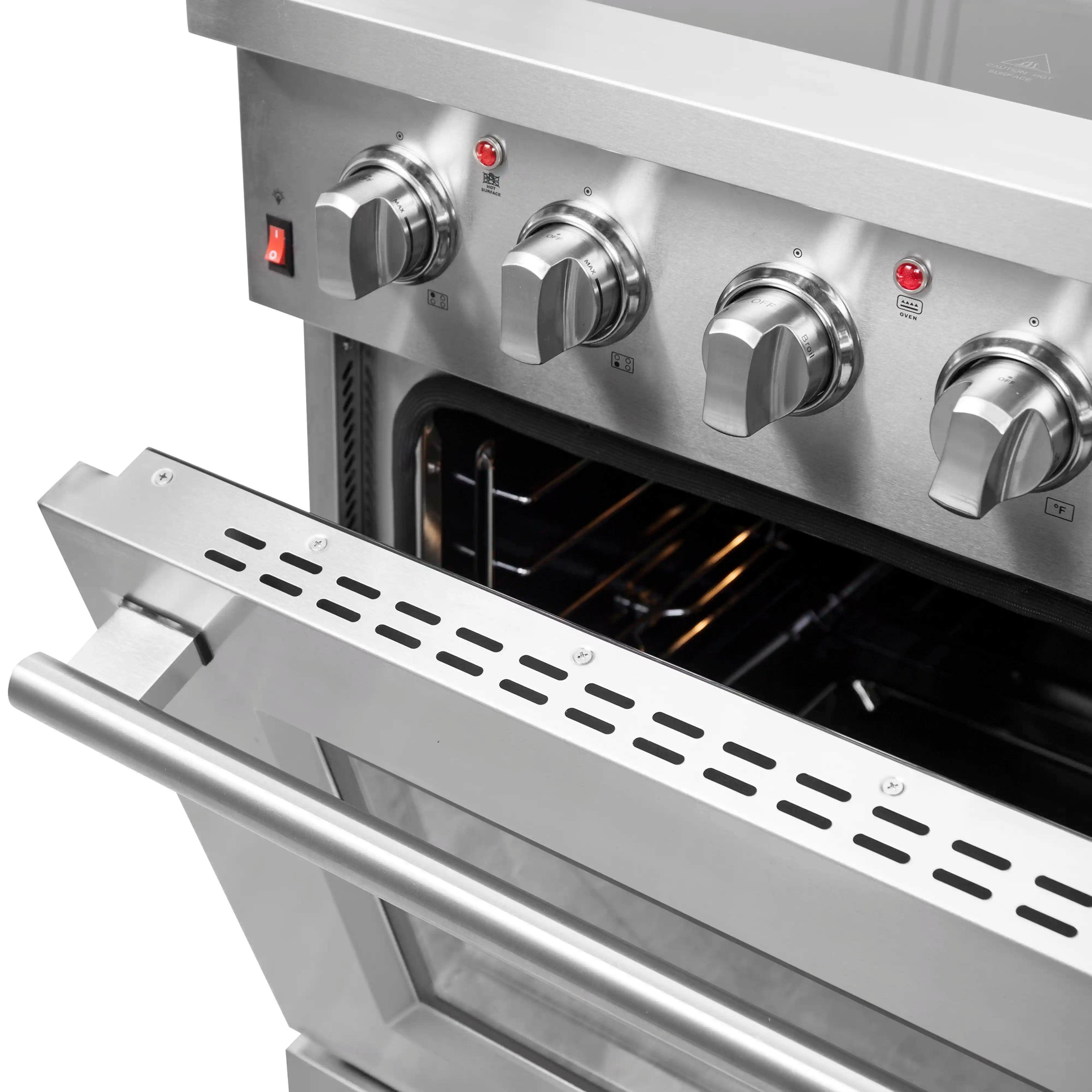 Stainless steel range control panel with five round knobs and vented oven rail