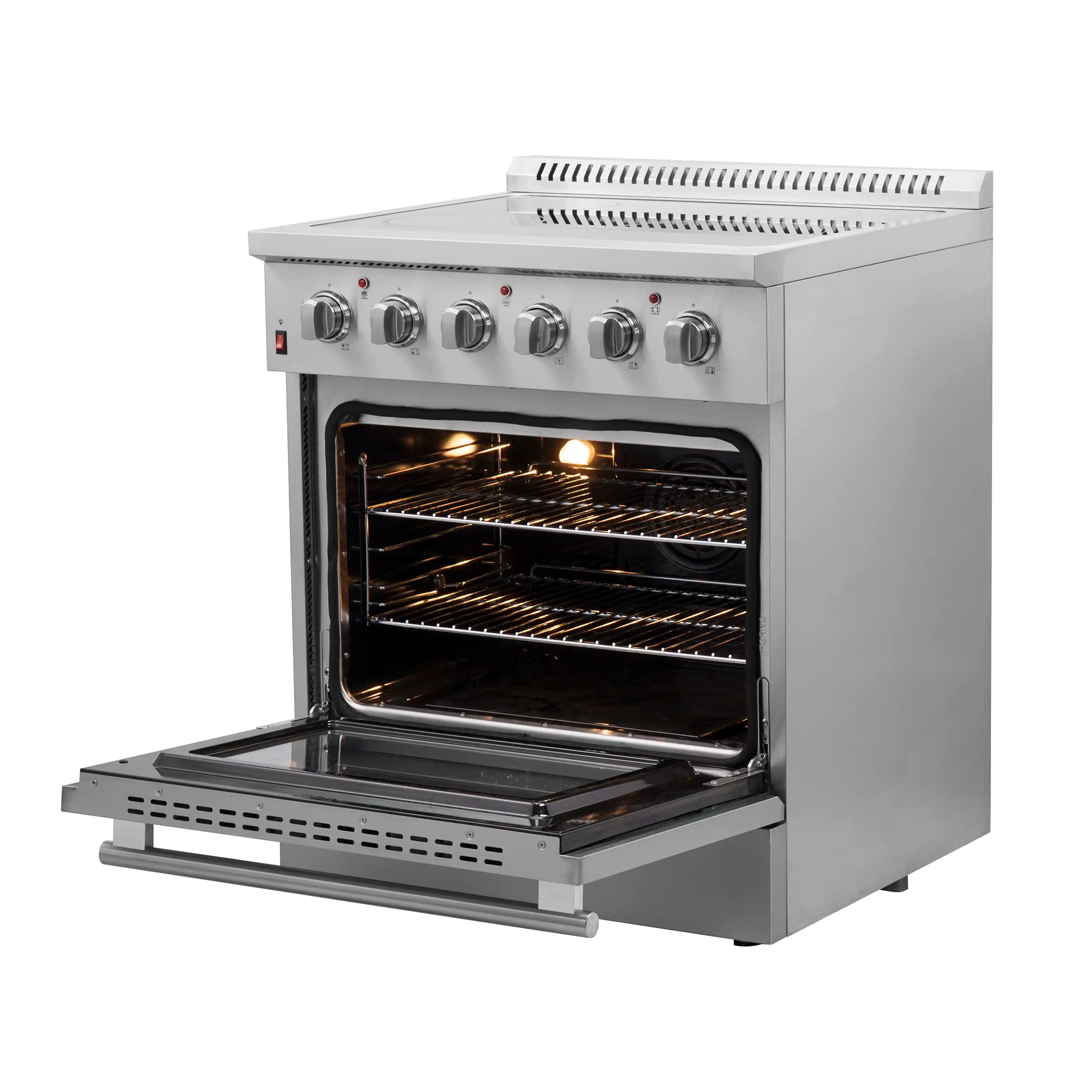 Stainless steel electric range with open oven door and lit oven interior