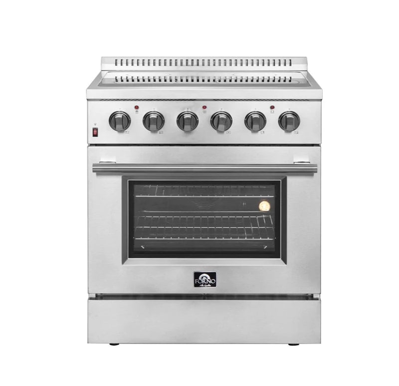 Forno 5-Piece Appliance Package - 30-Inch Electric Range, Wall Mount Range Hood, French Door Refrigerator, Dishwasher, and MicrowaveOven in Stainless Steel