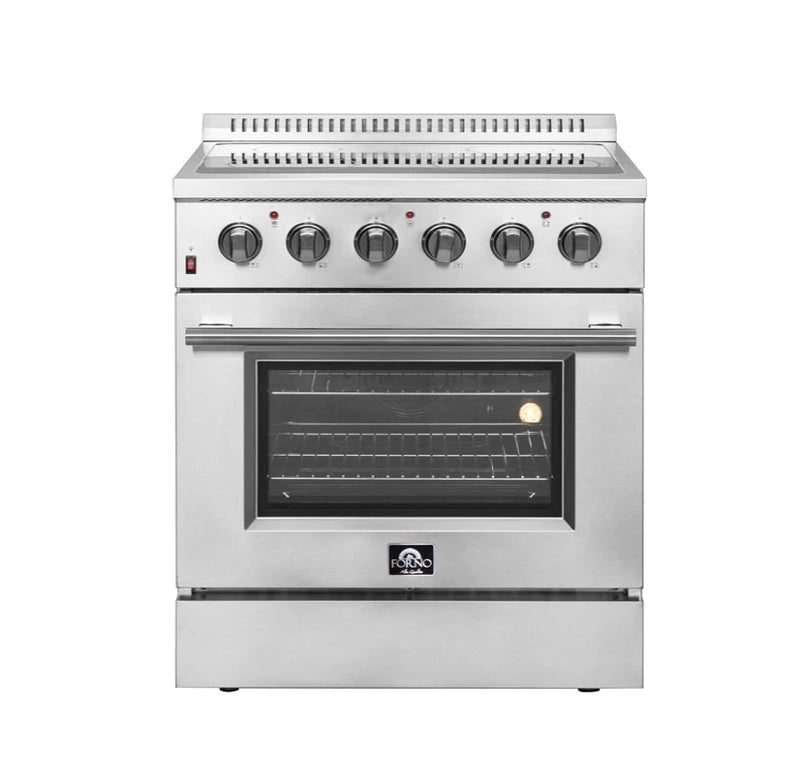 Forno 5-Piece Appliance Package - 30-Inch Electric Range, Wall Mount Range Hood with Backsplash, French Door Refrigerator, Dishwasher, and Microwave Drawer in Stainless Steel