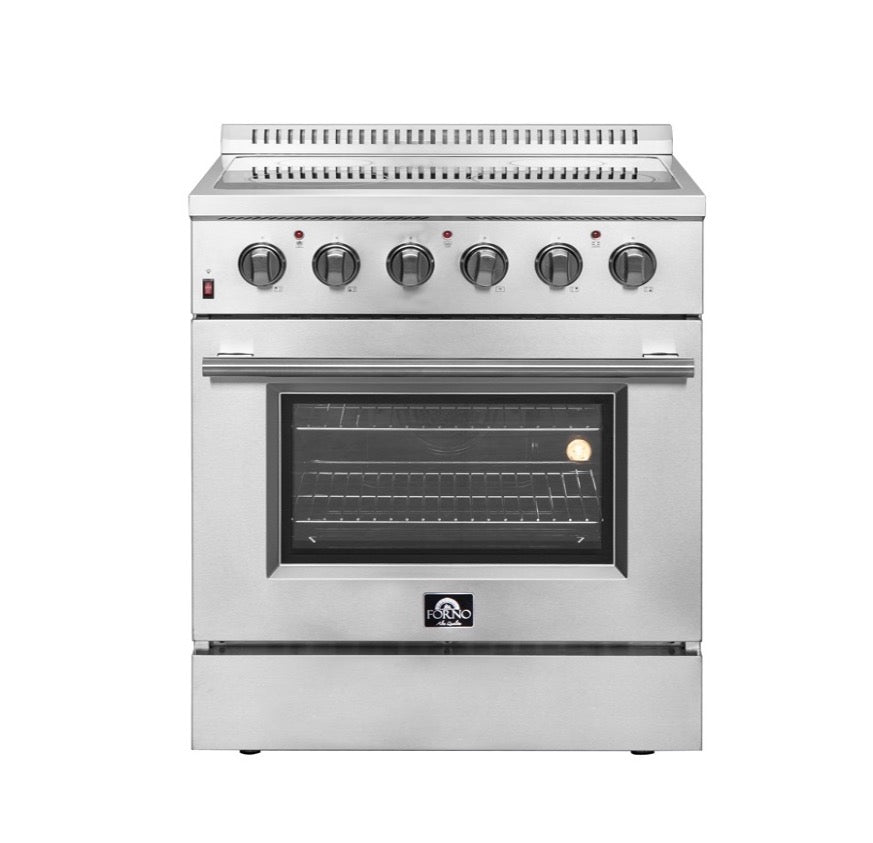 Stainless steel pro-style electric range with control knobs and closed oven door