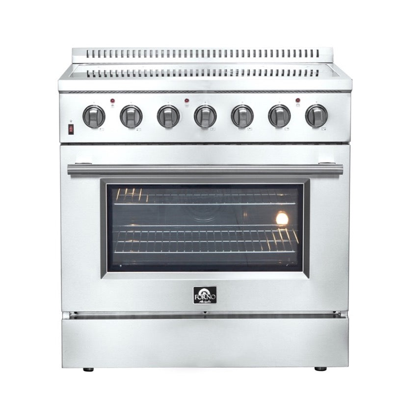 Stainless electric range with convection oven, glass door and control knobs
