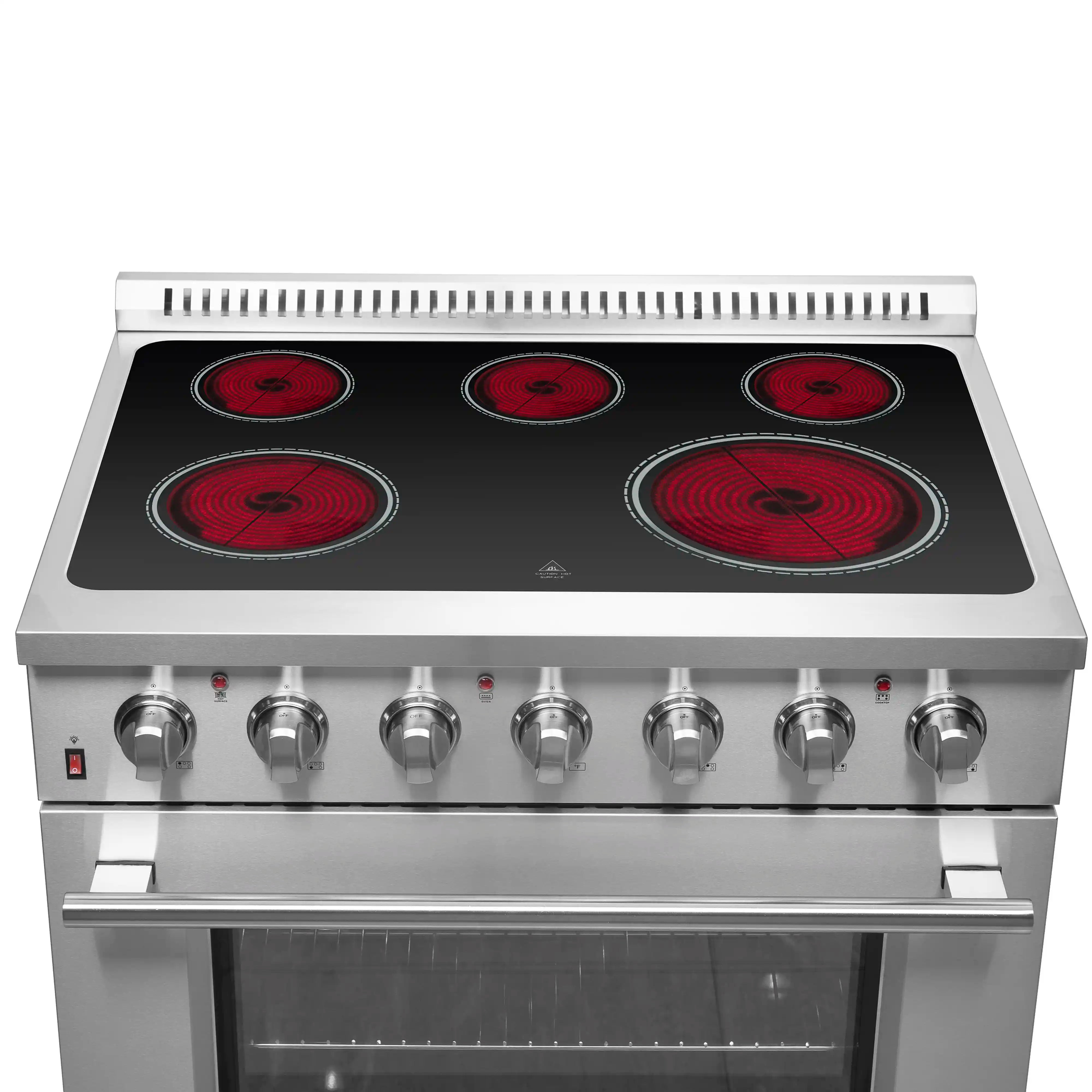 Stainless steel electric range cooktop with red-lit coil burners and control knobs.
