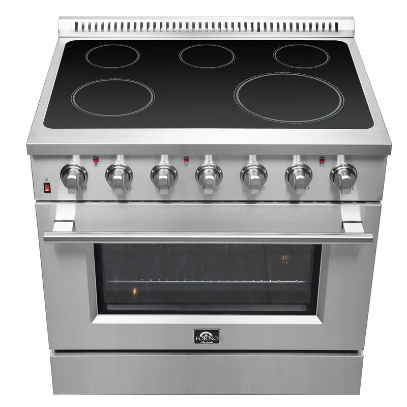 Forno 5-Piece Appliance Package - 36-Inch Electric Range, Wall Mount Range Hood with Backsplash, French Door Refrigerator, Dishwasher, and Microwave Oven in Stainless Steel