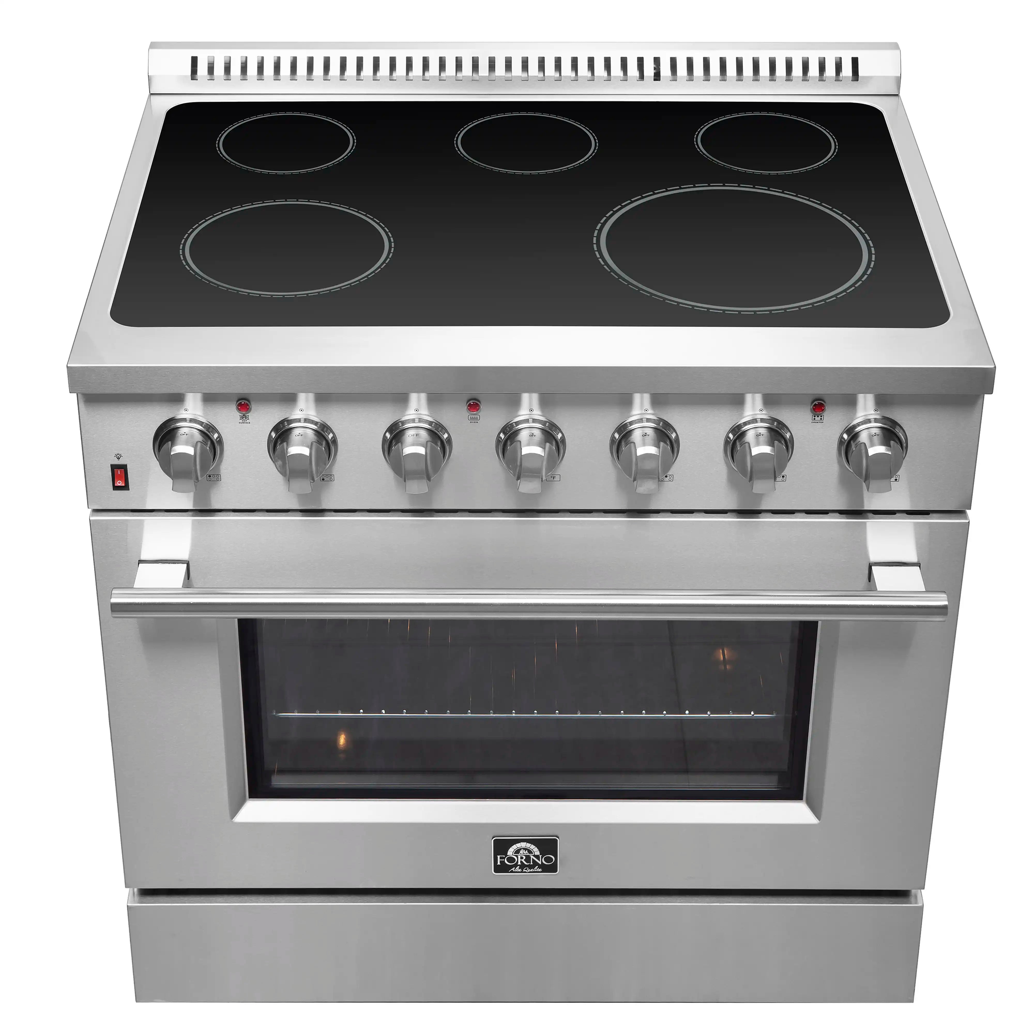 Stainless steel electric range cooktop with four black ceramic coil areas and control knobs.