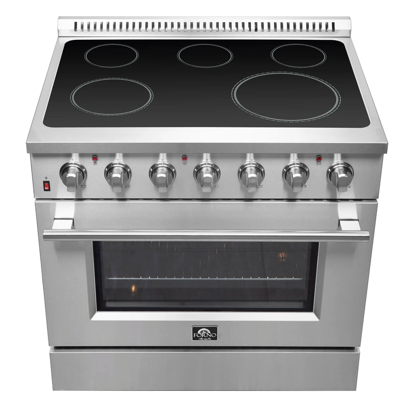 Forno 4-Piece Appliance Package - 36-Inch Electric Range, Wall Mount Range Hood, French Door Refrigerator, and Dishwasher in Stainless Steel