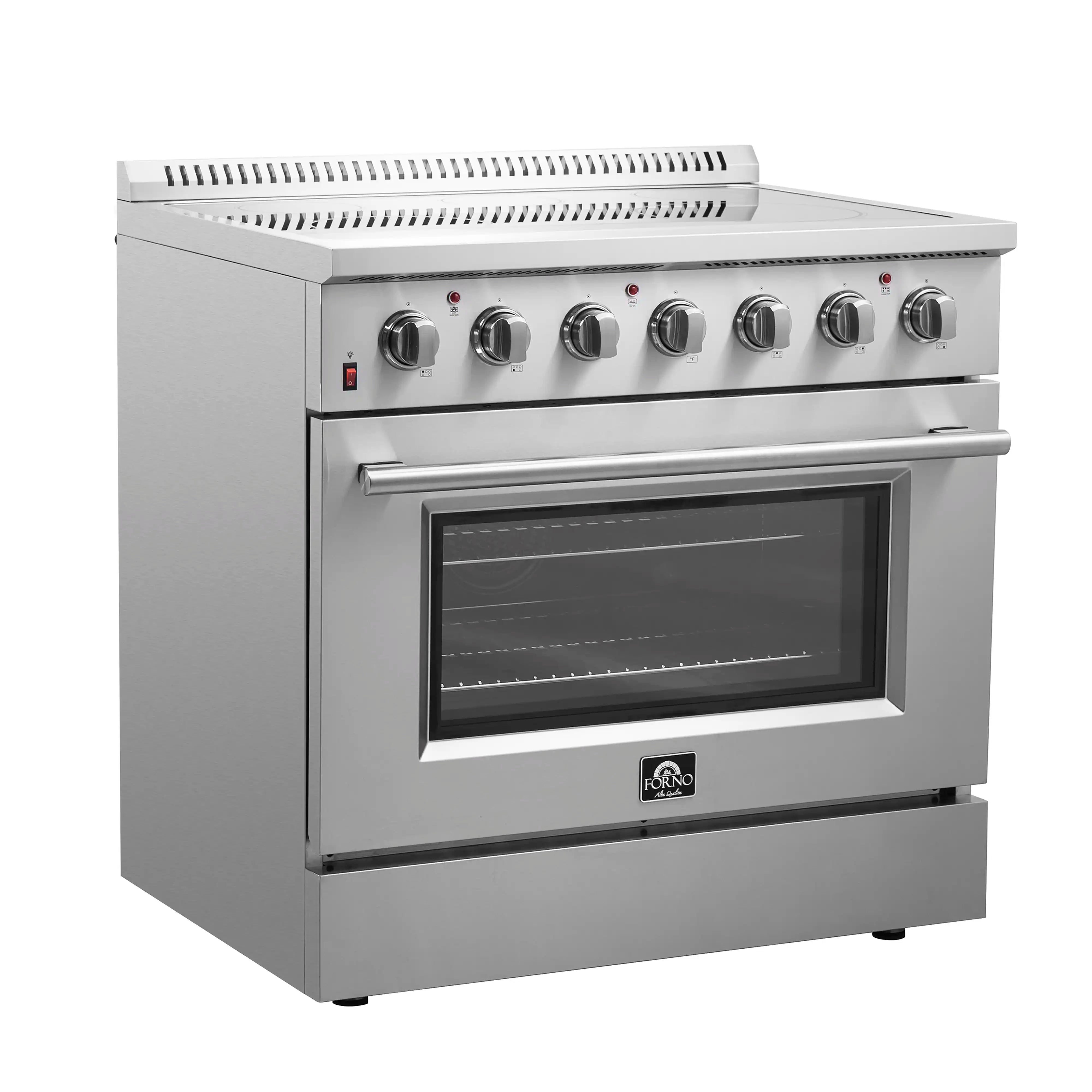 Stainless steel electric range side view with control knobs and glass oven door.