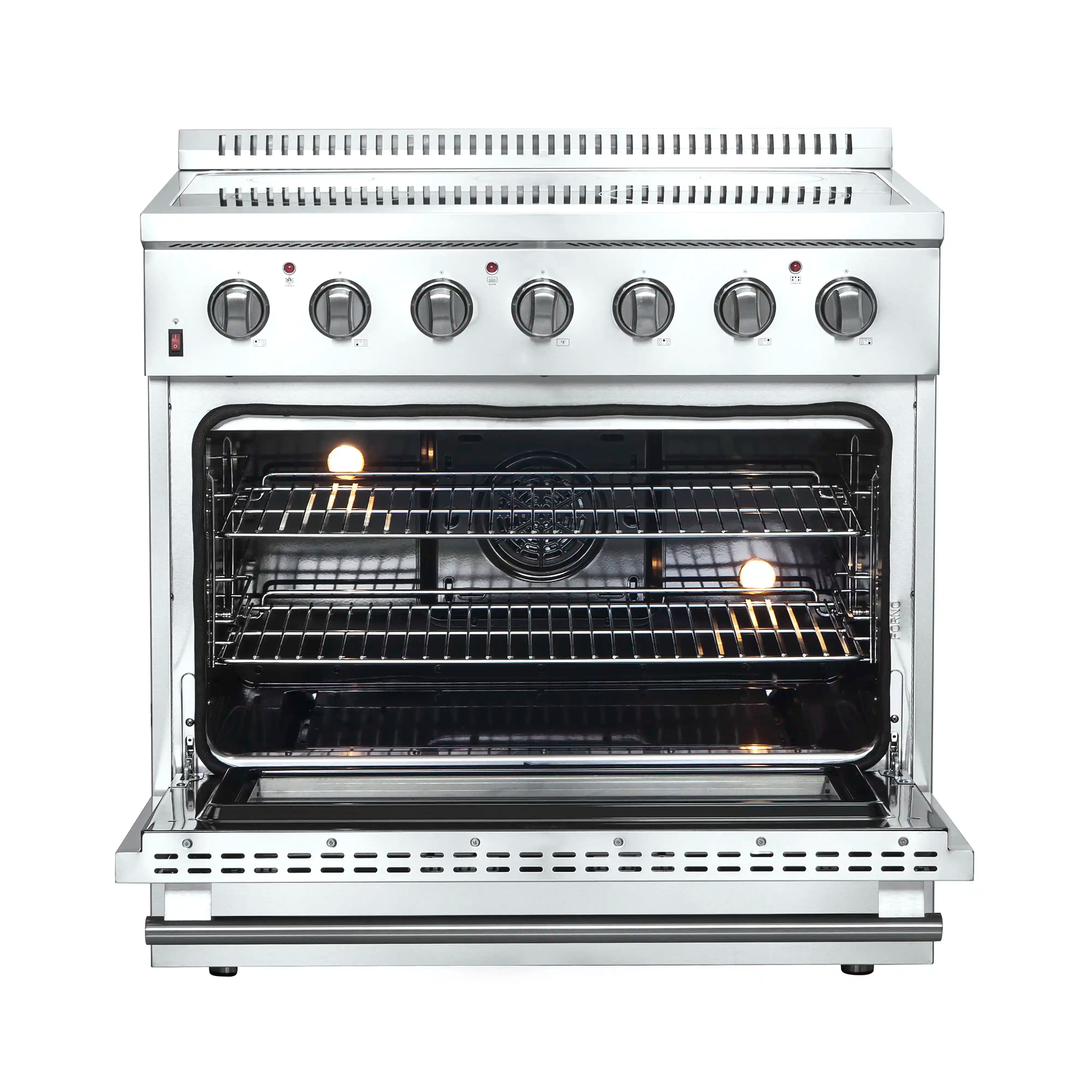 Stainless electric oven with open door, racks inside, and glowing heating elements