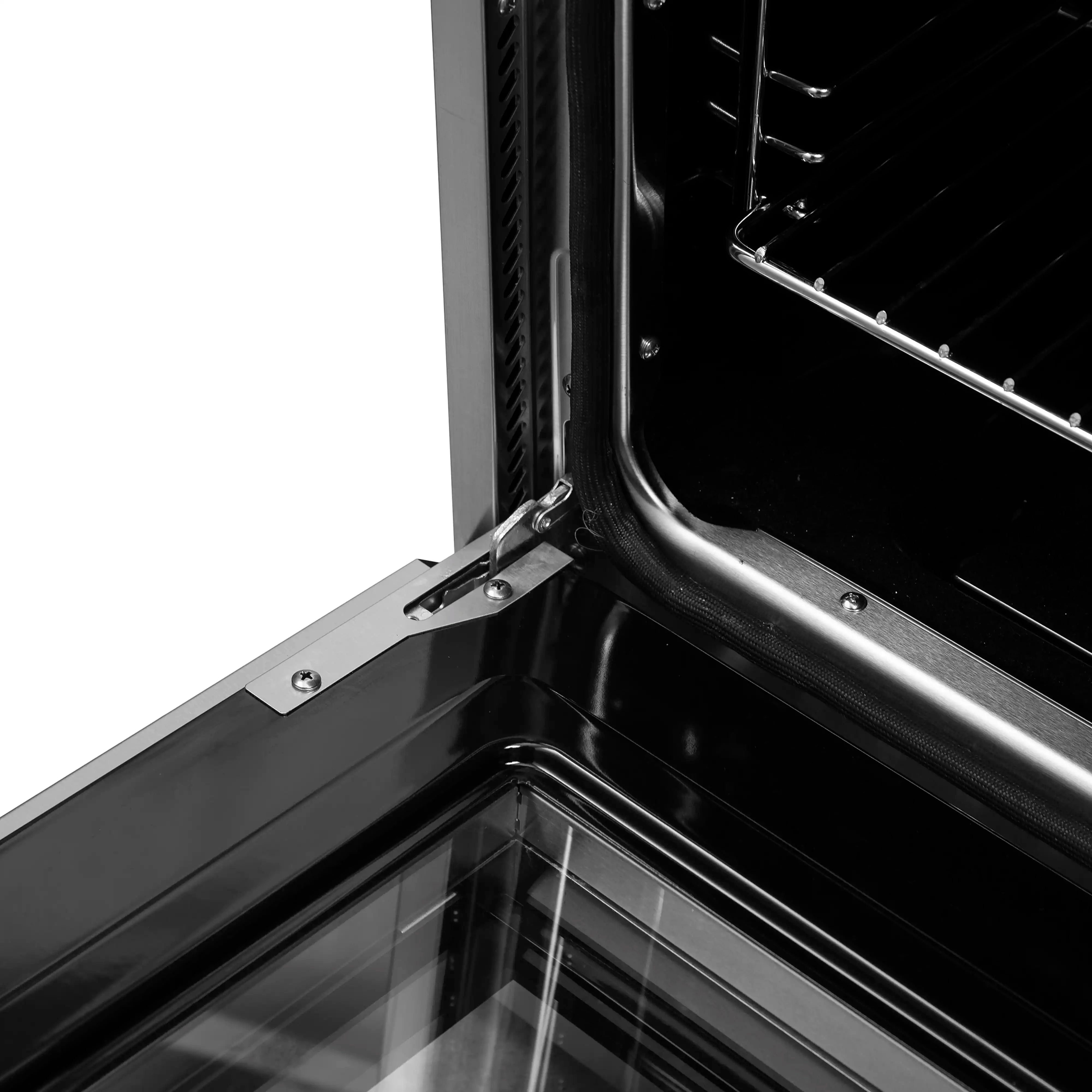 Stainless electric range oven door hinge and trim with black glass opening