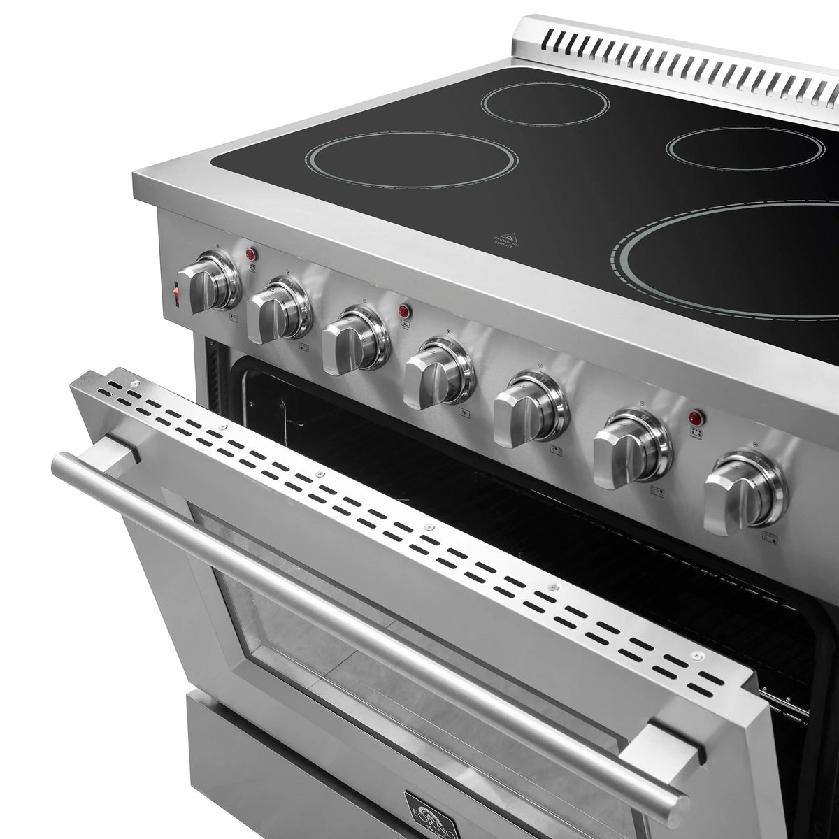 Stainless steel electric range top controls with black cooktop and side vented panel