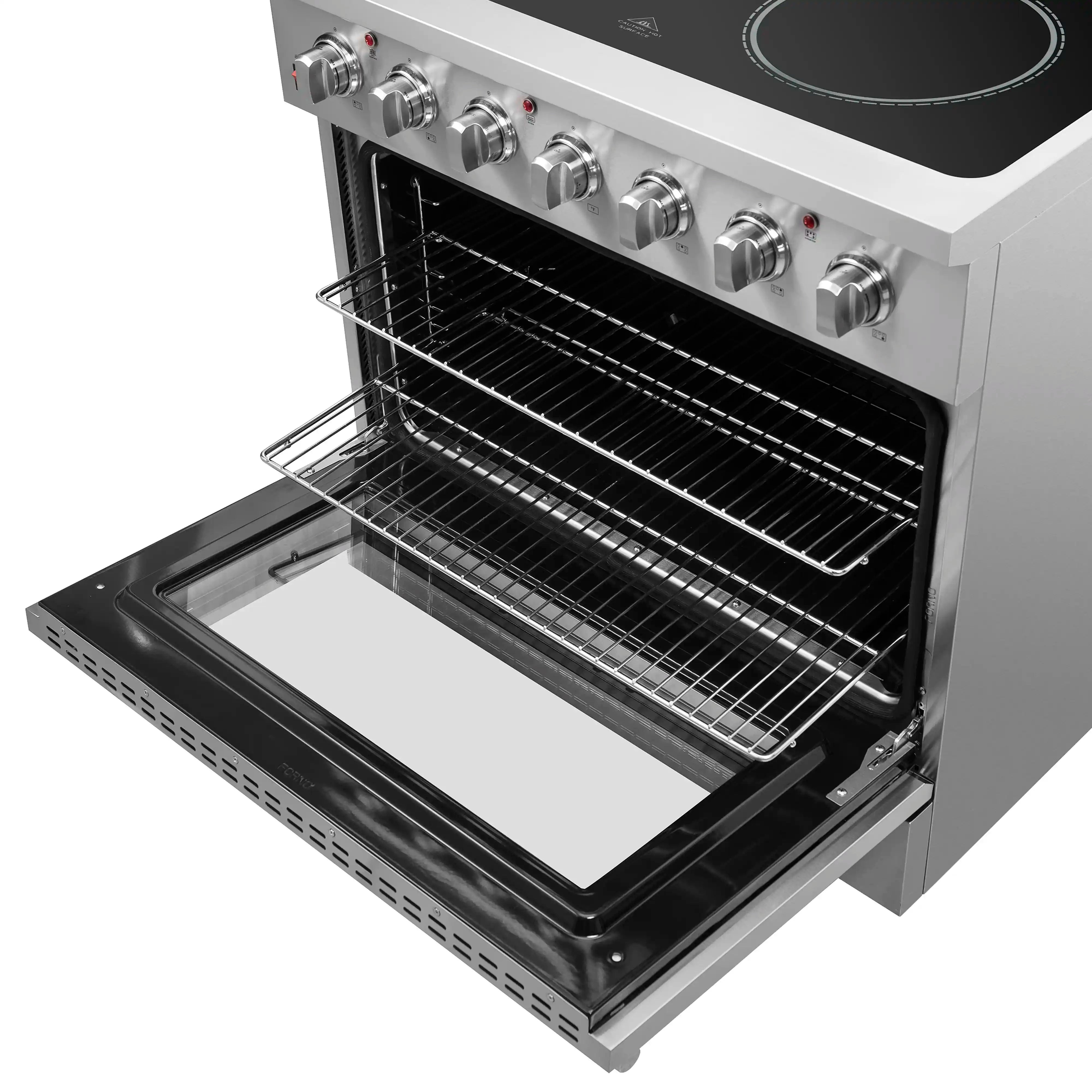 Stainless steel electric range with open oven door showing top and bottom racks.