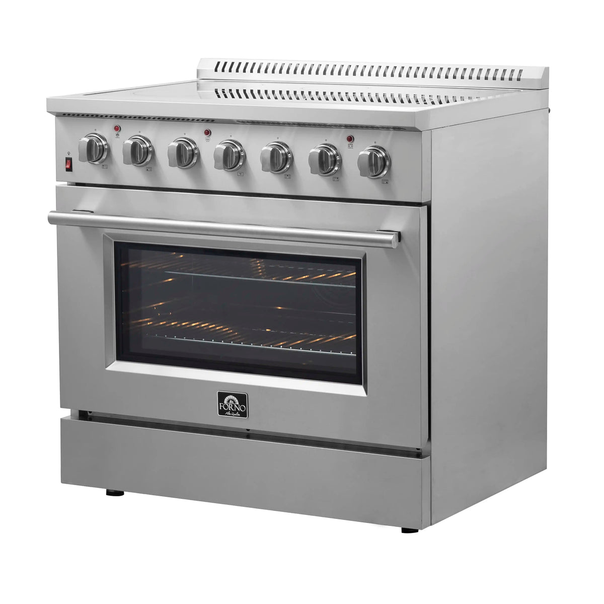 Stainless steel electric range front-left side view with control knobs and door