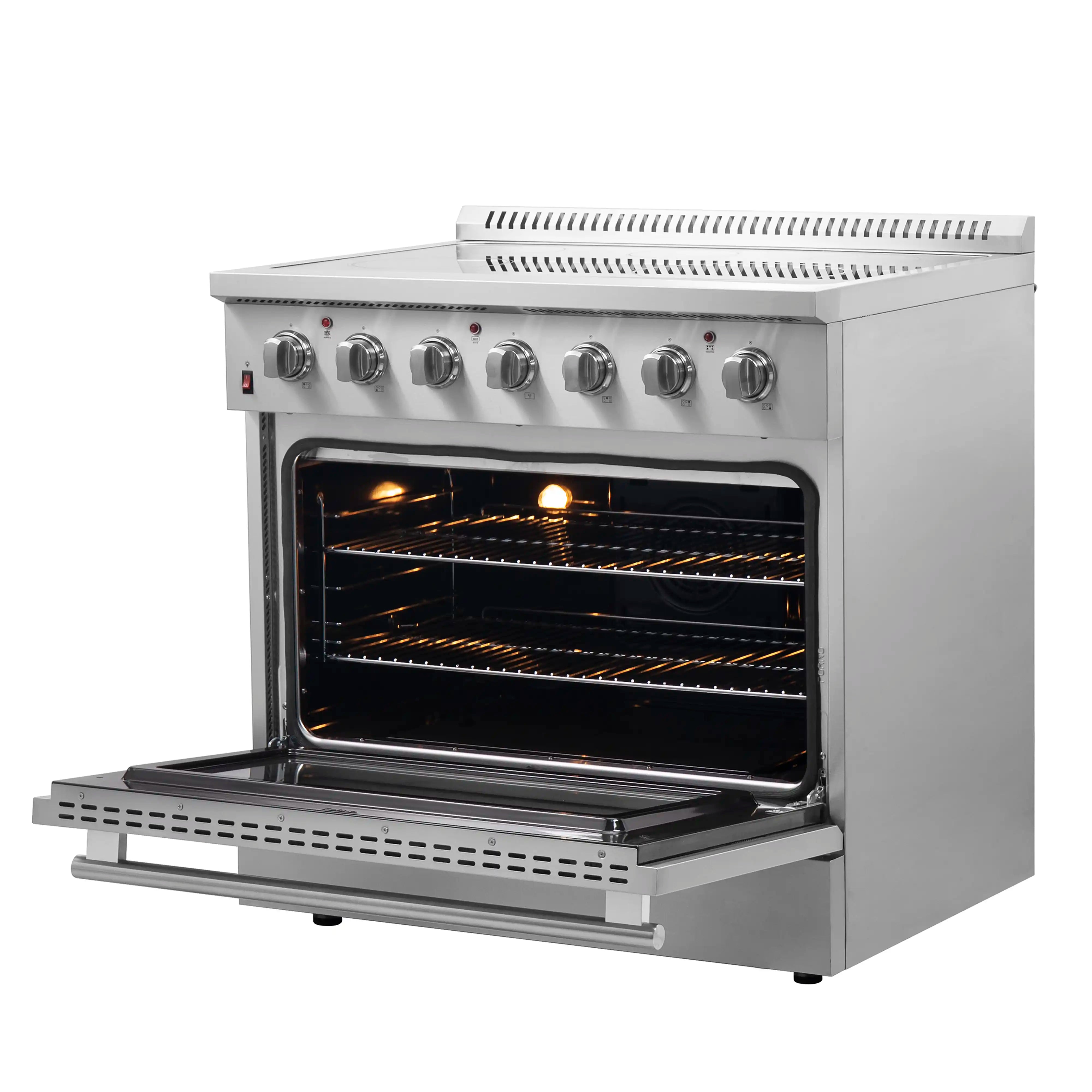 Stainless steel electric range with open oven door and broil rack extended outward.