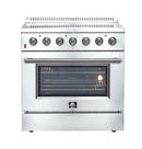 Forno 5-Piece Appliance Package - 36-Inch Electric Range, Wall Mount Range Hood, Pro-Style Refrigerator, Dishwasher, and 24-Inch Microwave Drawer in Stainless Steel
