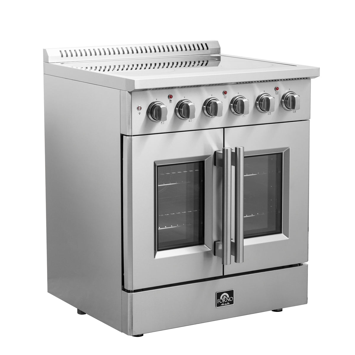 Stainless steel electric range with double oven doors closed and control knobs