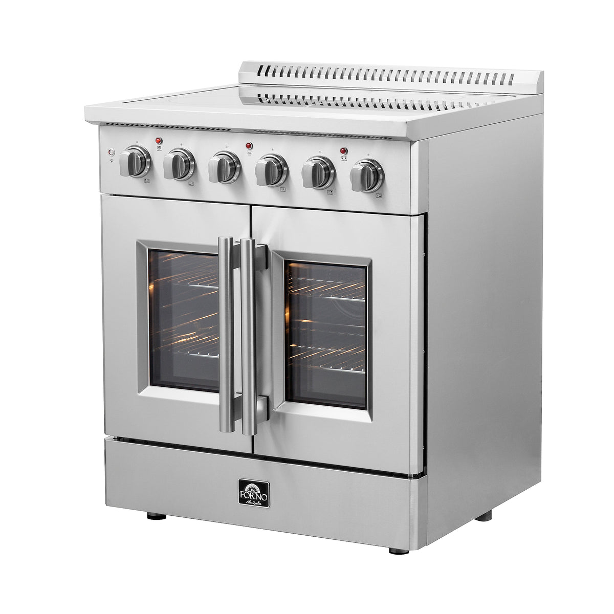 Stainless steel electric range with two glass oven doors and front control knobs