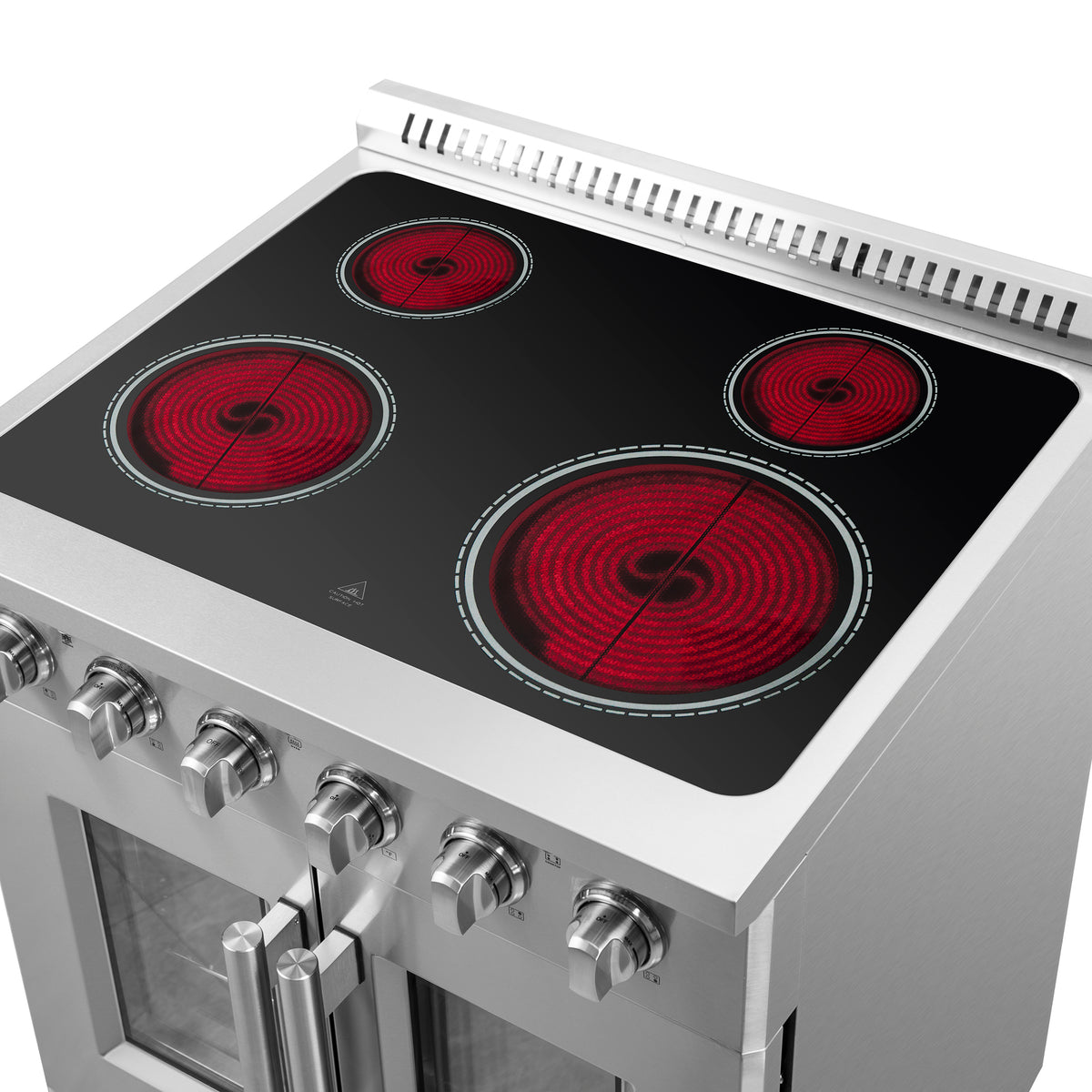 Electric cooktop with red glowing coil burners and six front control knobs