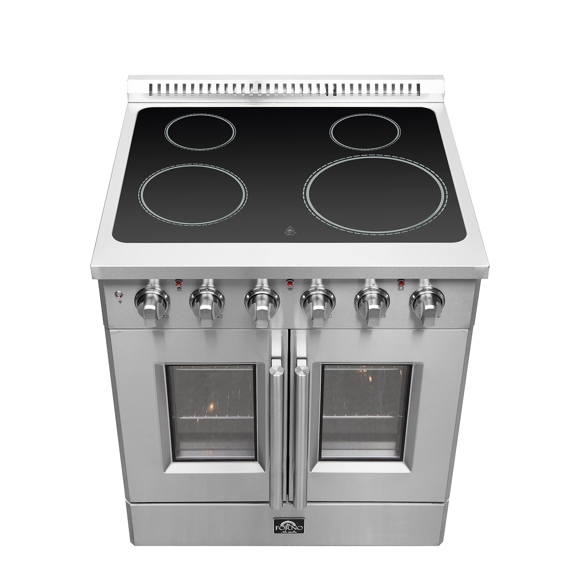Stainless electric range showing black glass cooktop with four burners and two oven doors