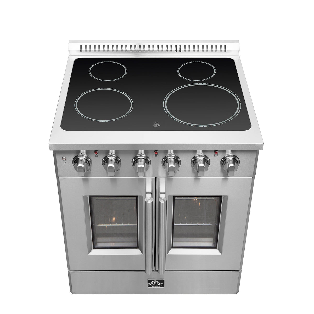 Stainless electric range showing black glass cooktop with four burners and two oven doors