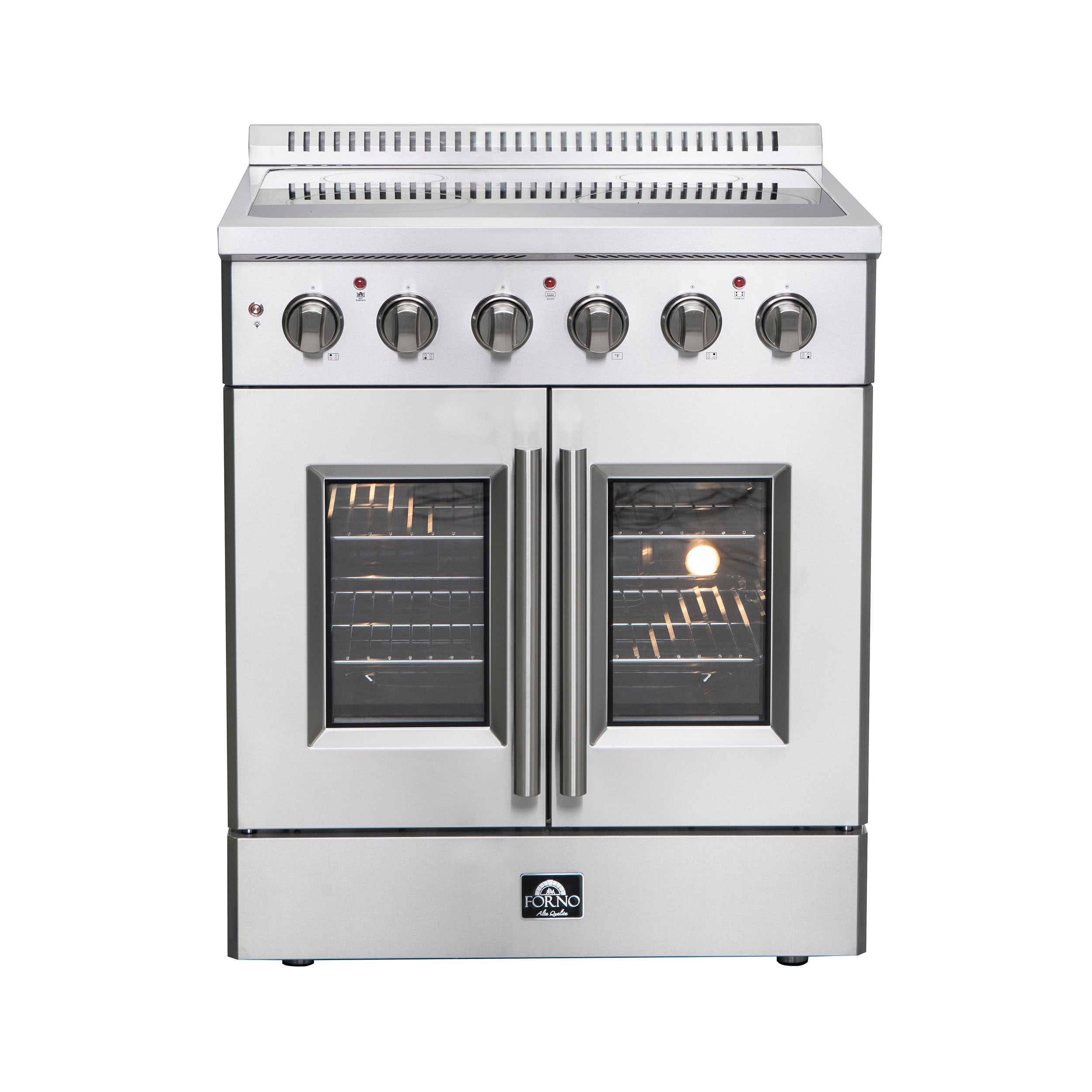 Stainless steel electric range with two glass oven doors and front control knobs