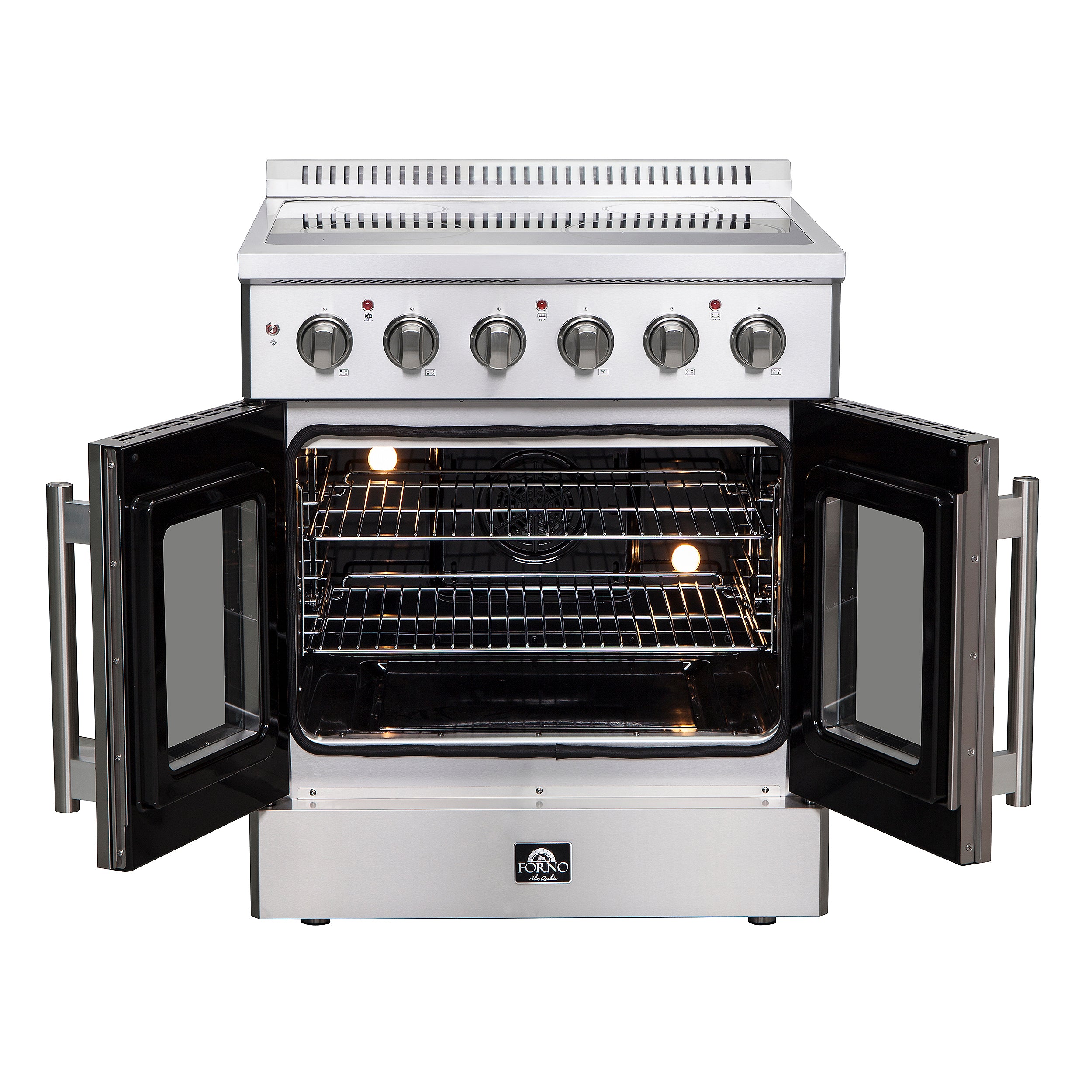 Electric range with both oven doors open, showing racks and interior lights