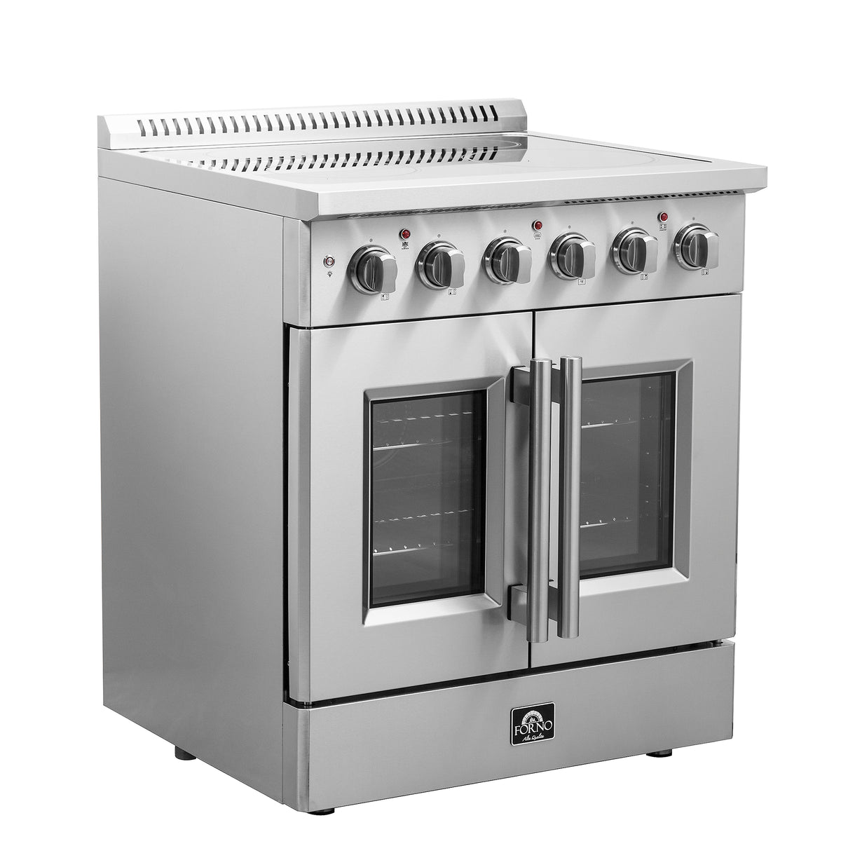 Stainless steel electric range with convection oven doors and six front burner knobs