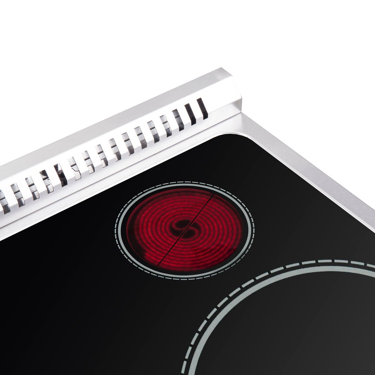Electric cooktop surface with red coil burner and black glass top