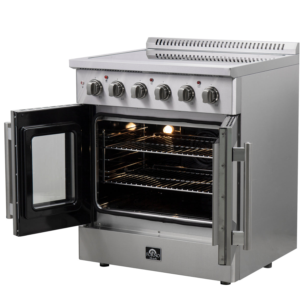 Open French-door electric range showing lit oven interior and front oven door