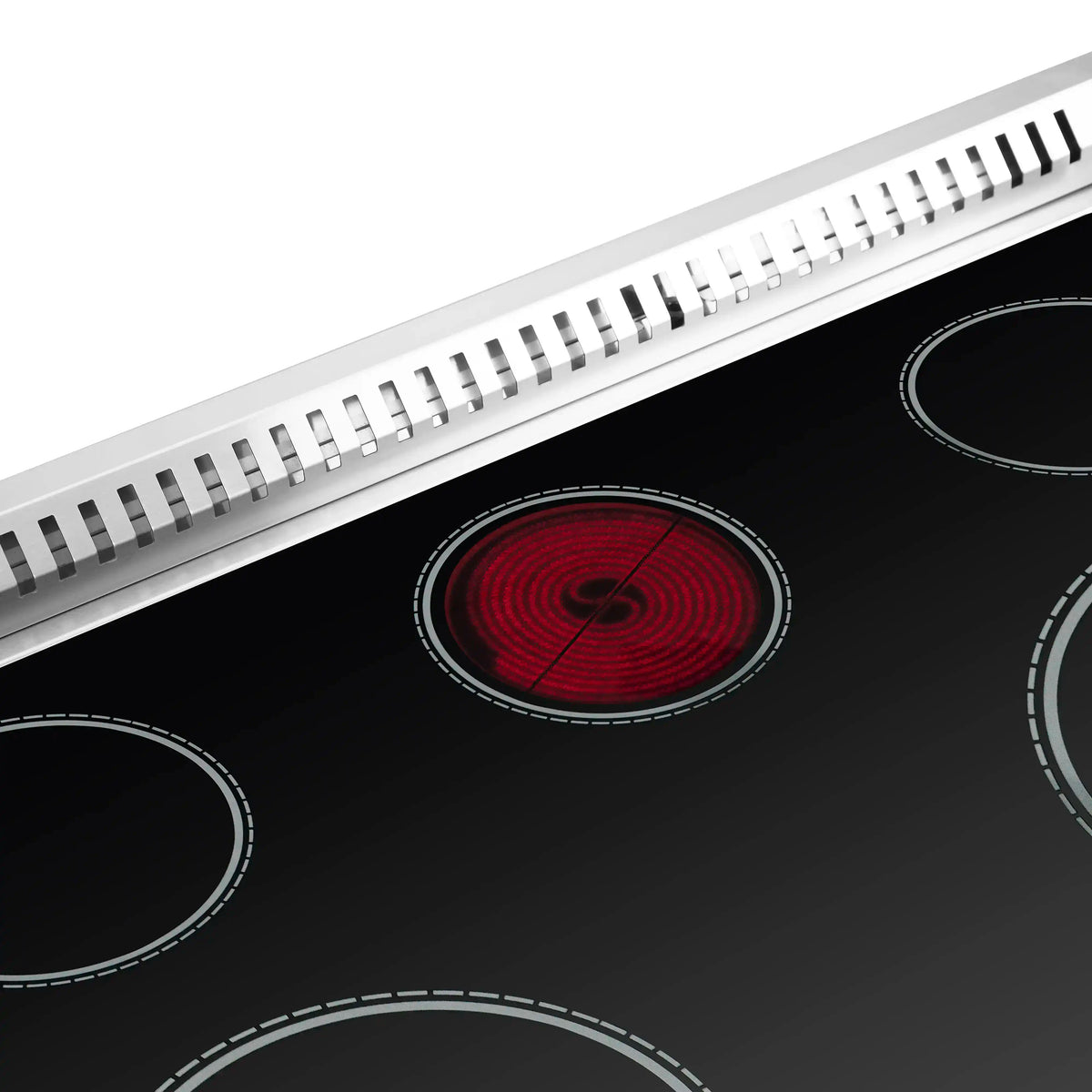Stainless electric cooktop with red coil burner and black glass surface