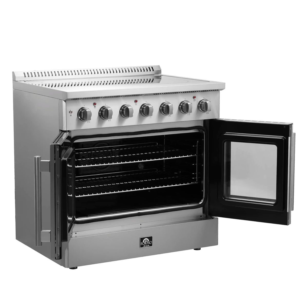 Electric range with oven door open, black interior, and top control panel