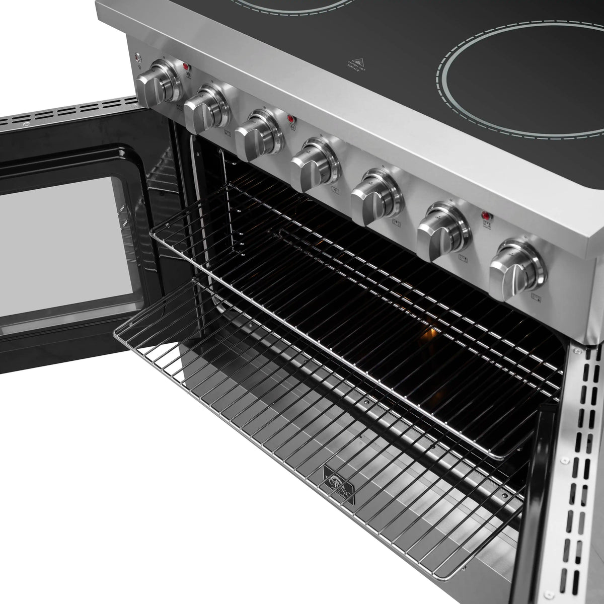 Stainless electric range with open oven door and wire racks, front control knobs