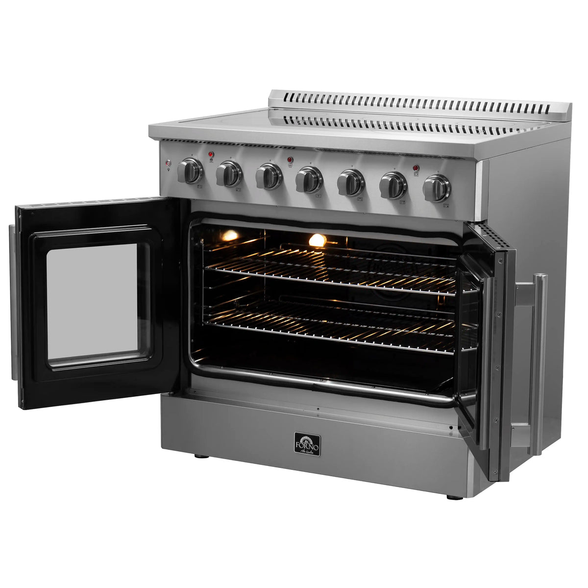 Stainless electric range with open oven door showing lit convection oven interior