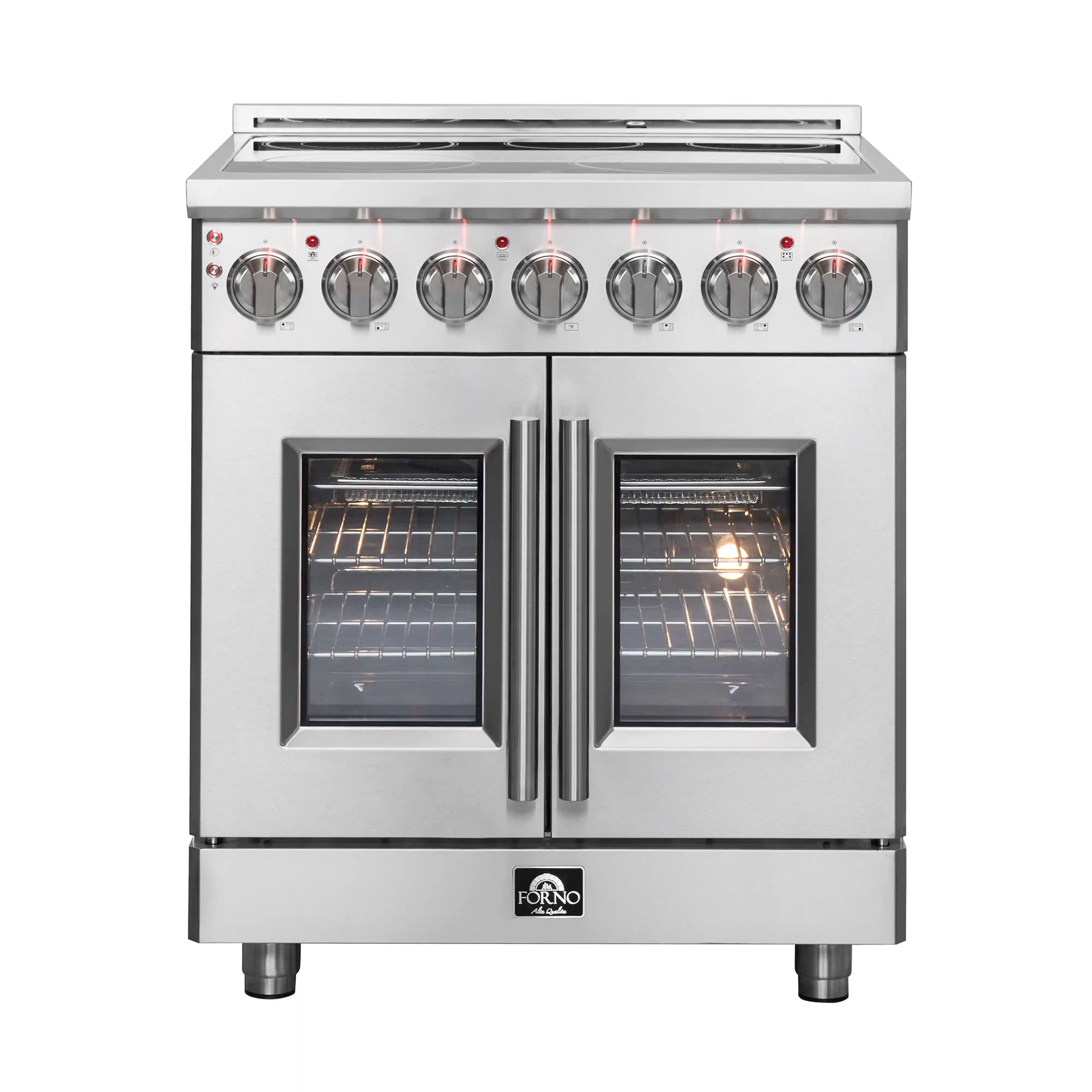 Stainless steel electric range with dual glass doors closed and control knobs on top