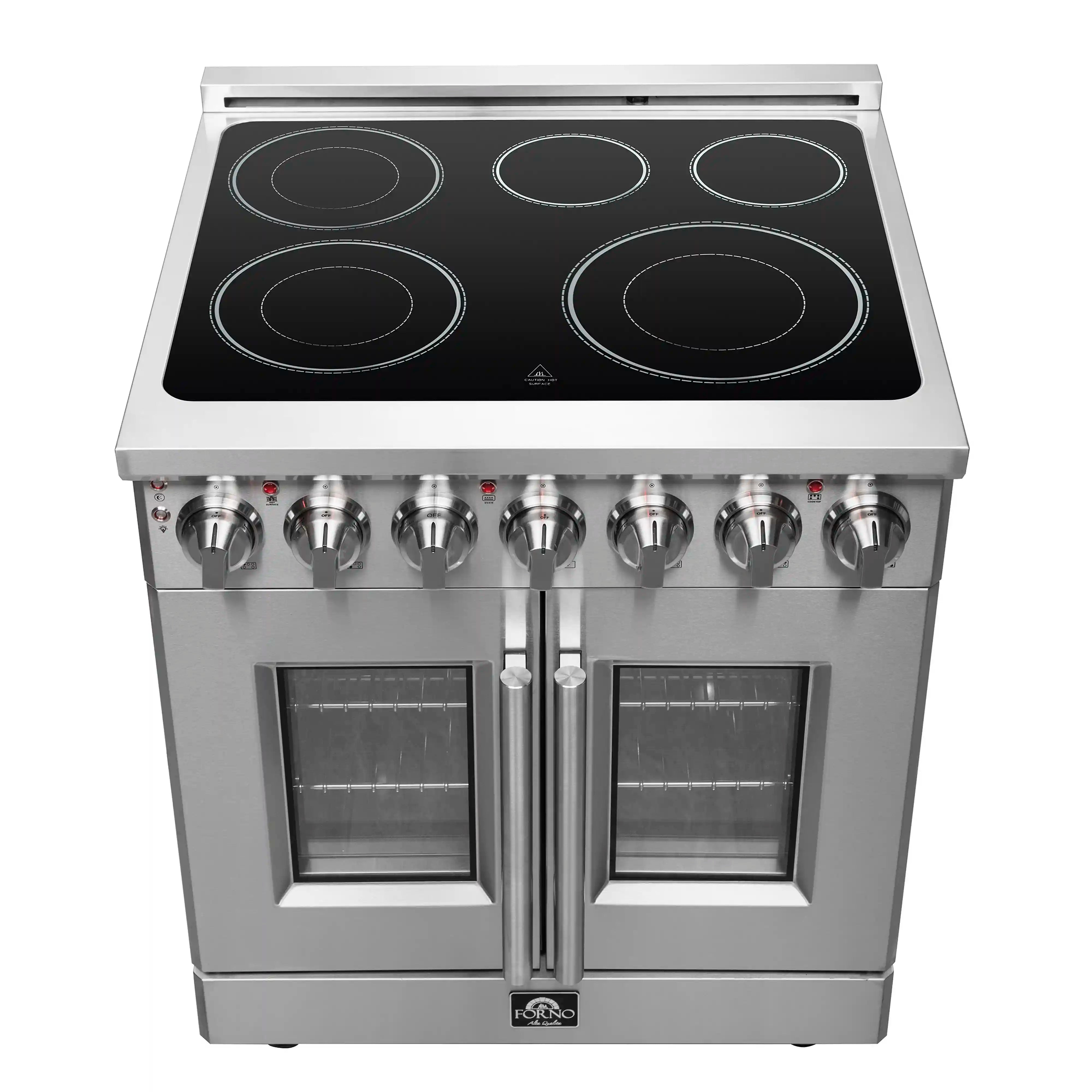Stainless electric range with black glass cooktop, six knobs, and dual oven doors