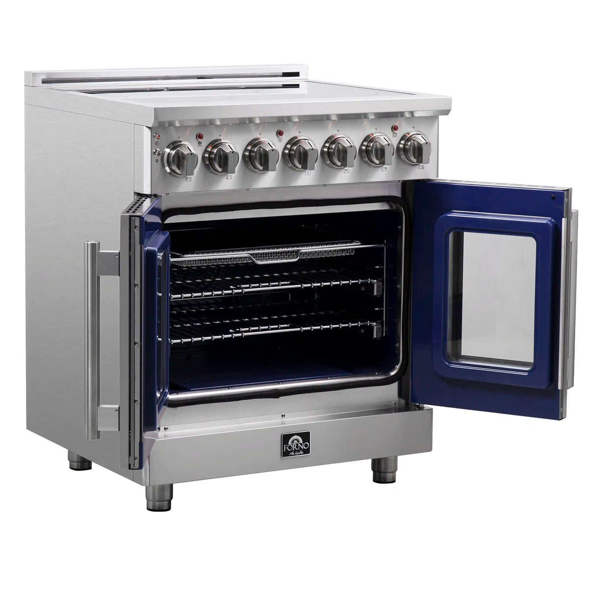 Stainless steel freestanding electric range with open dual oven doors and control knobs