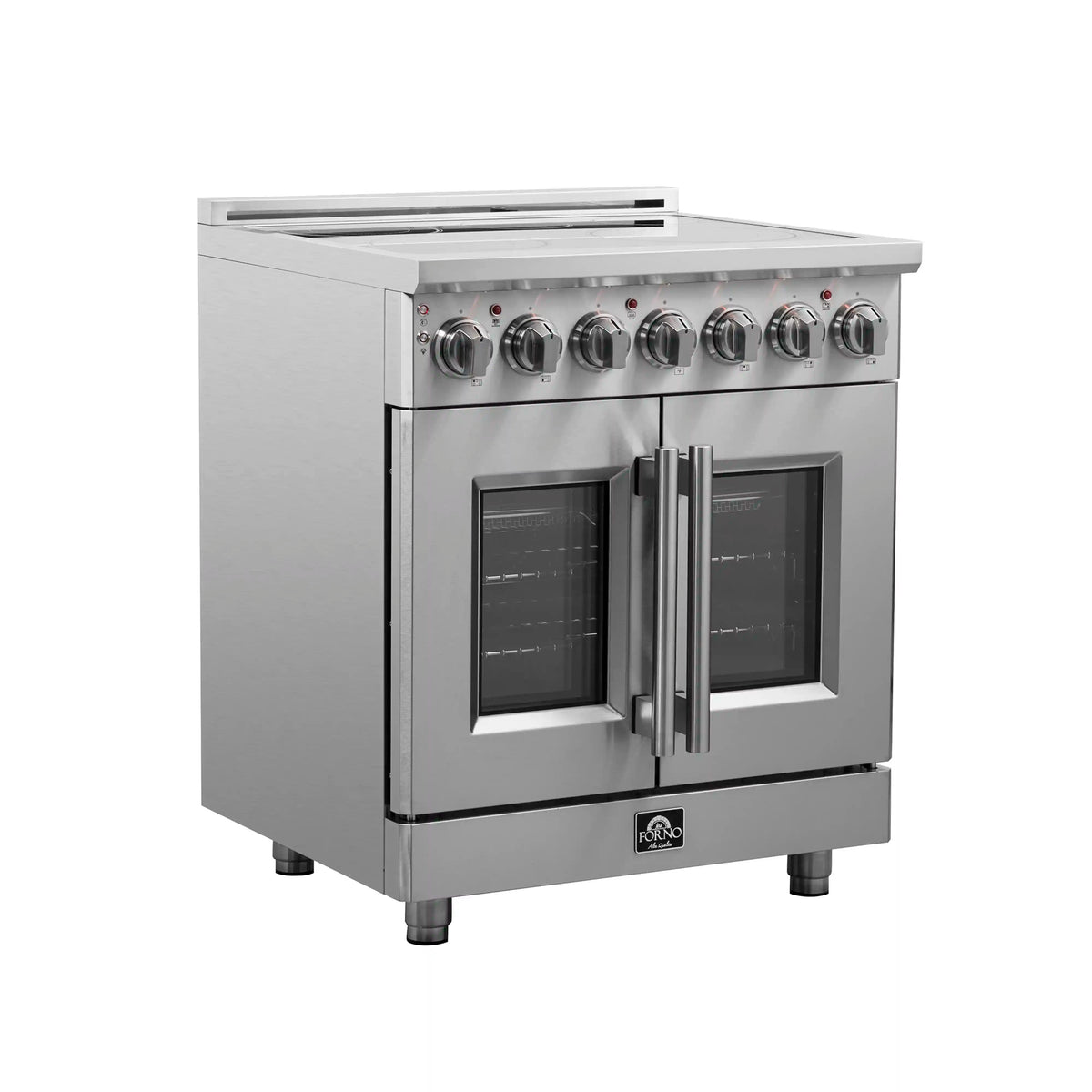 Stainless steel freestanding electric range with two side-by-side oven doors and oven panels