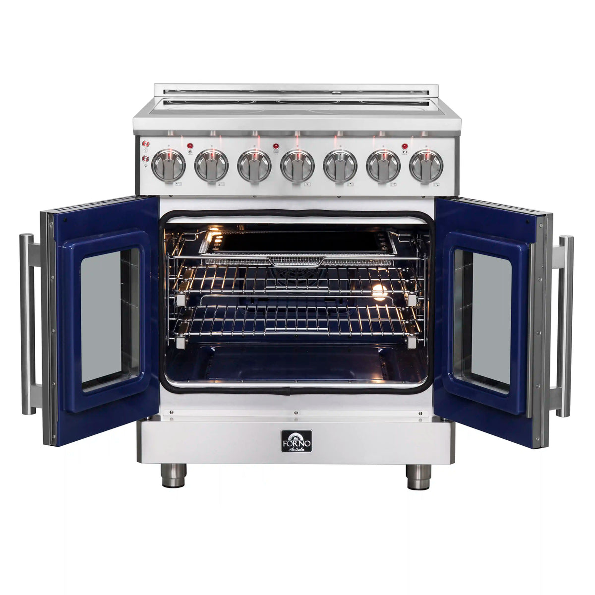 Freestanding electric range with dual oven doors open and racks inside the oven cavity