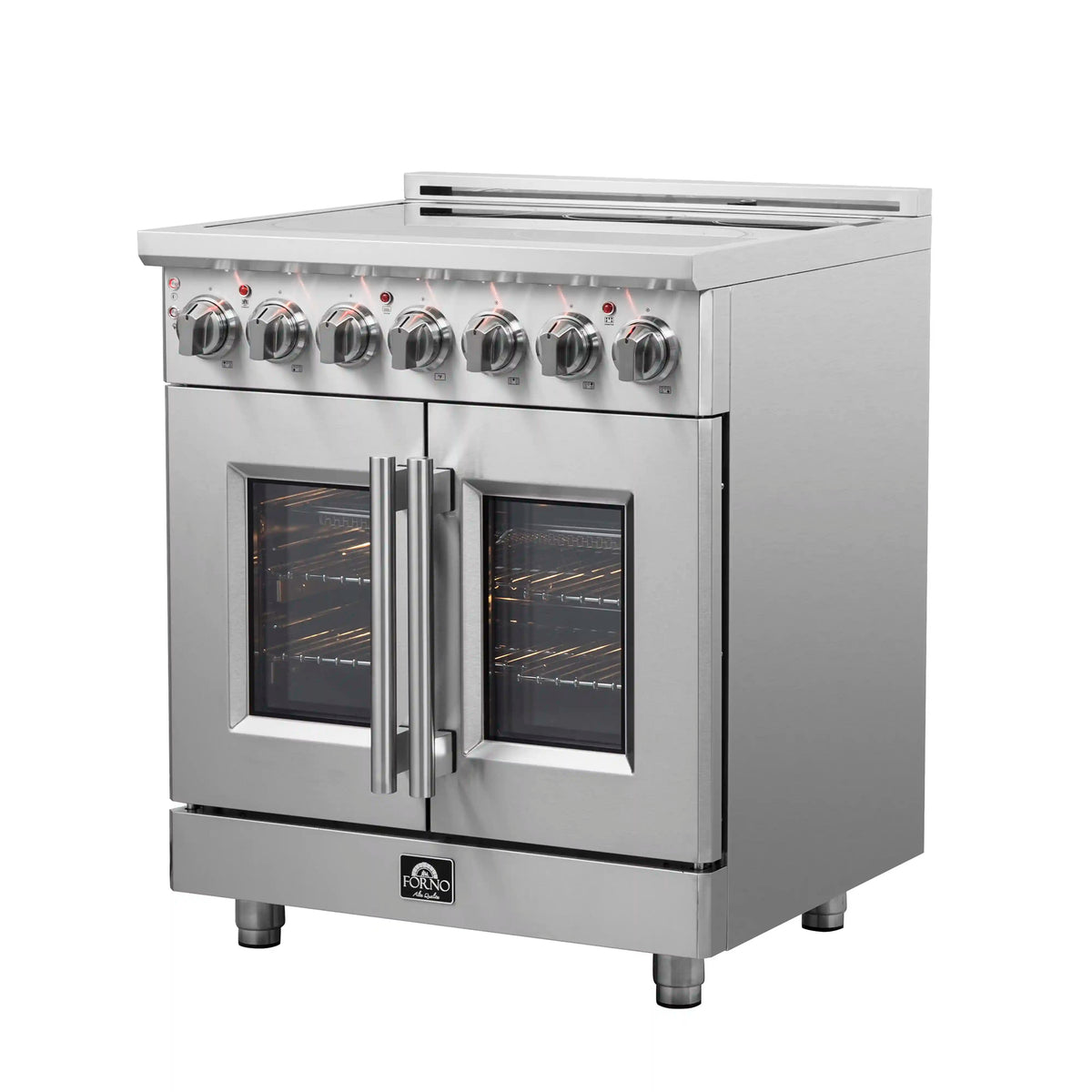 Stainless steel electric range with two glass oven doors and central handle